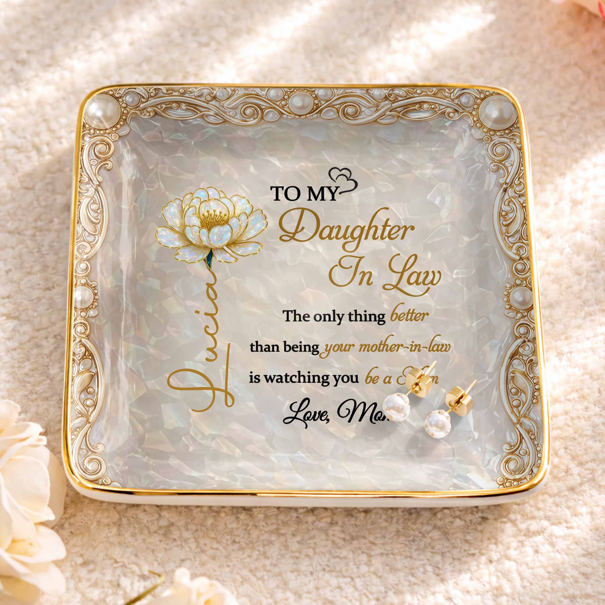 To My Daughter In Law watching You Be A Mom Birth Month Flower - Personalized Custom Jewelry Dish, Ceramic Dish, Square Shape - DILA111_SCRF