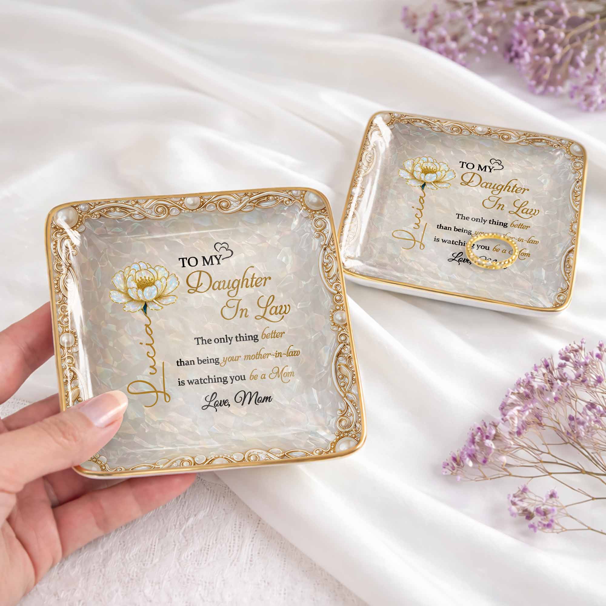To My Daughter In Law watching You Be A Mom Birth Month Flower - Personalized Custom Jewelry Dish, Ceramic Dish, Square Shape - DILA111_SCRF