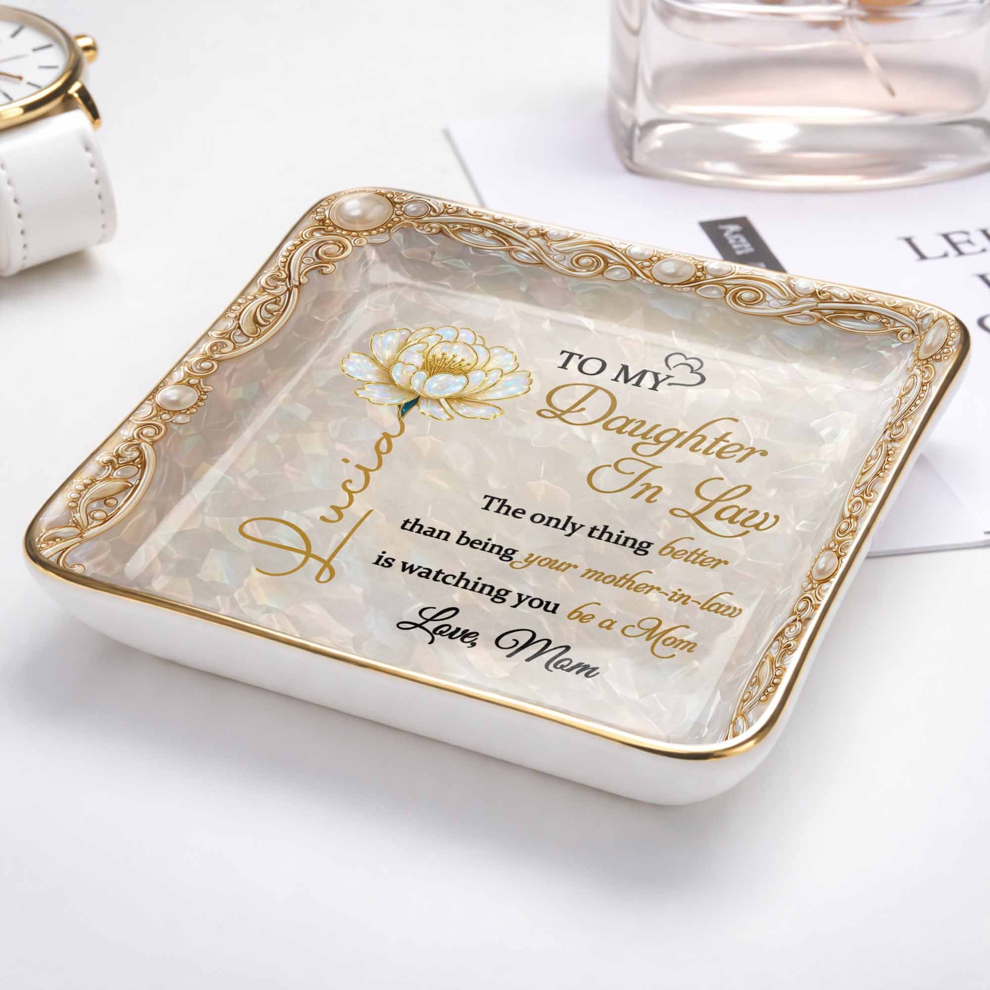 To My Daughter In Law watching You Be A Mom Birth Month Flower - Personalized Custom Jewelry Dish, Ceramic Dish, Square Shape - DILA111_SCRF