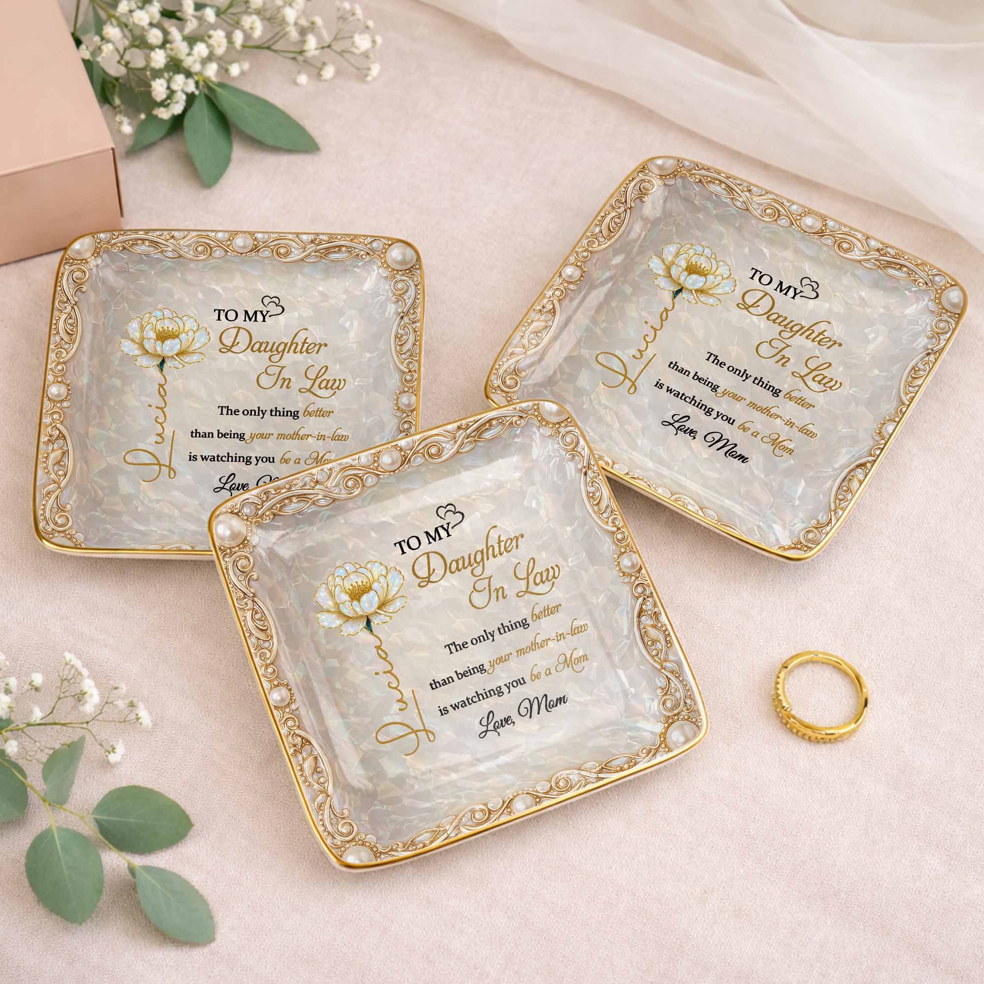 To My Daughter In Law watching You Be A Mom Birth Month Flower - Personalized Custom Jewelry Dish, Ceramic Dish, Square Shape - DILA111_SCRF