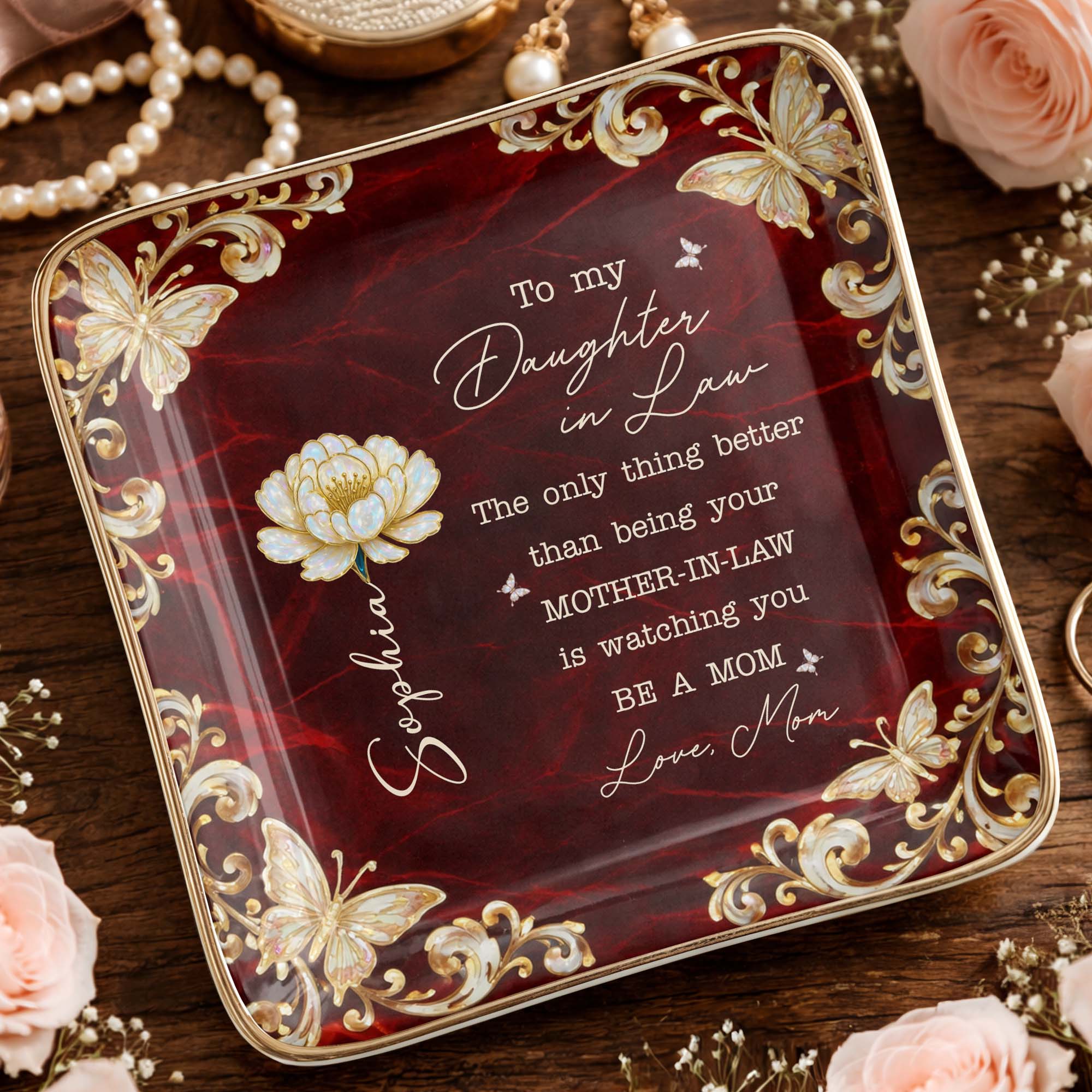 To My Daughter In Law Only Thing Better Birth Month Flower Butterfly - Personalized Custom Jewelry Dish, Ceramic Dish, Square Shape - DILA113_SCRF