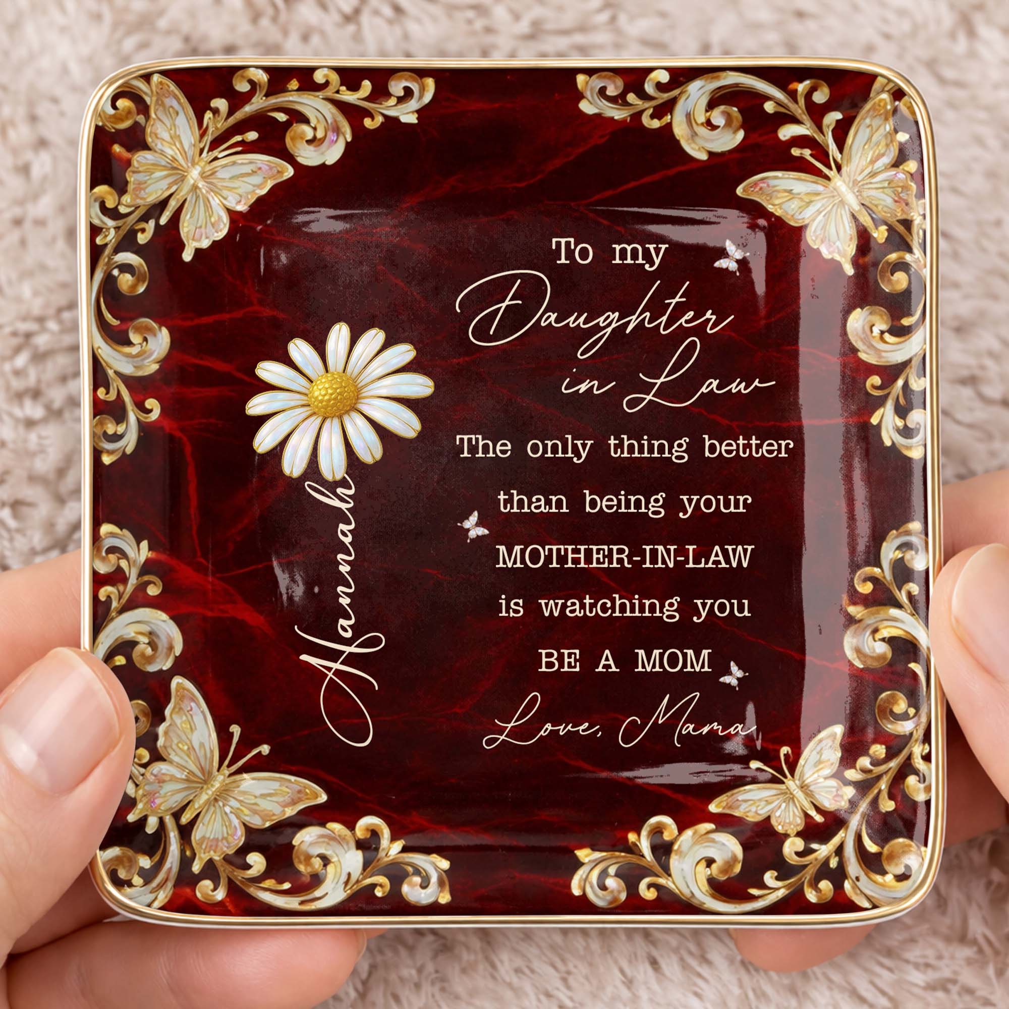 To My Daughter In Law Only Thing Better Birth Month Flower Butterfly - Personalized Custom Jewelry Dish, Ceramic Dish, Square Shape - DILA113_SCRF