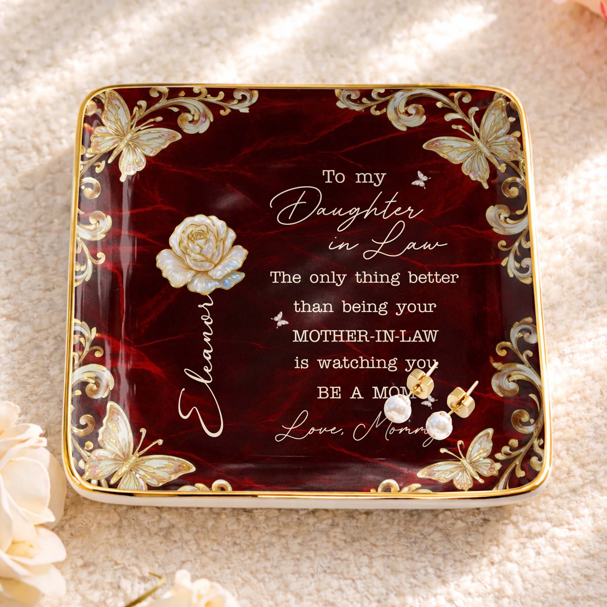 To My Daughter In Law Only Thing Better Birth Month Flower Butterfly - Personalized Custom Jewelry Dish, Ceramic Dish, Square Shape - DILA113_SCRF