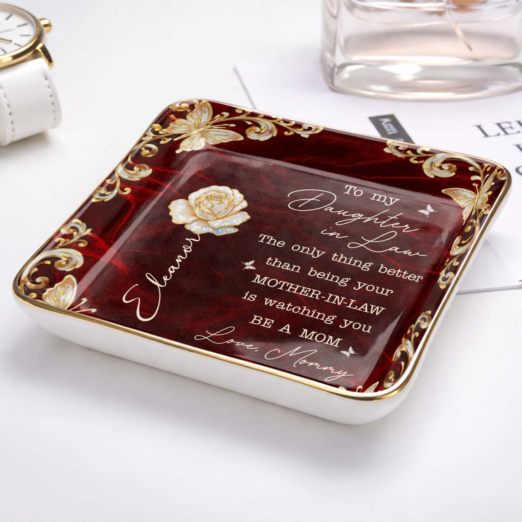 To My Daughter In Law Only Thing Better Birth Month Flower Butterfly - Personalized Custom Jewelry Dish, Ceramic Dish, Square Shape - DILA113_SCRF
