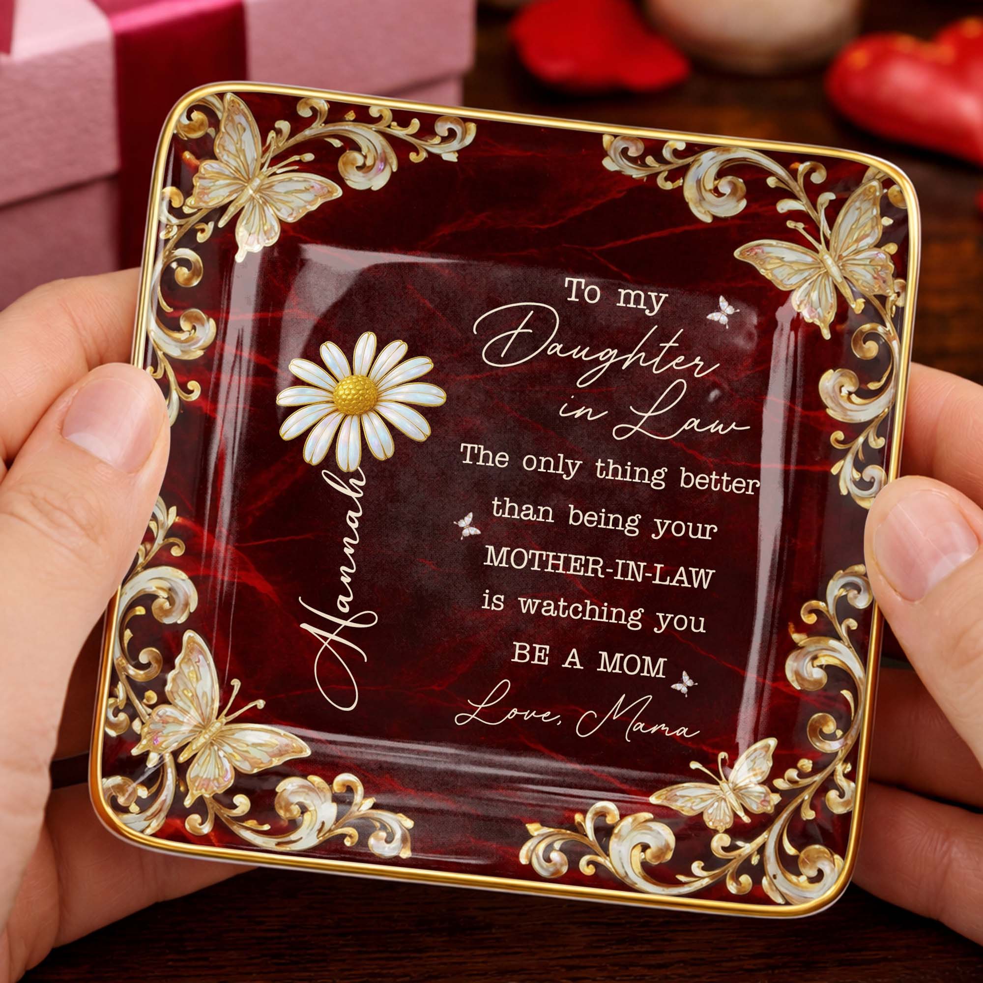 To My Daughter In Law Only Thing Better Birth Month Flower Butterfly - Personalized Custom Jewelry Dish, Ceramic Dish, Square Shape - DILA113_SCRF