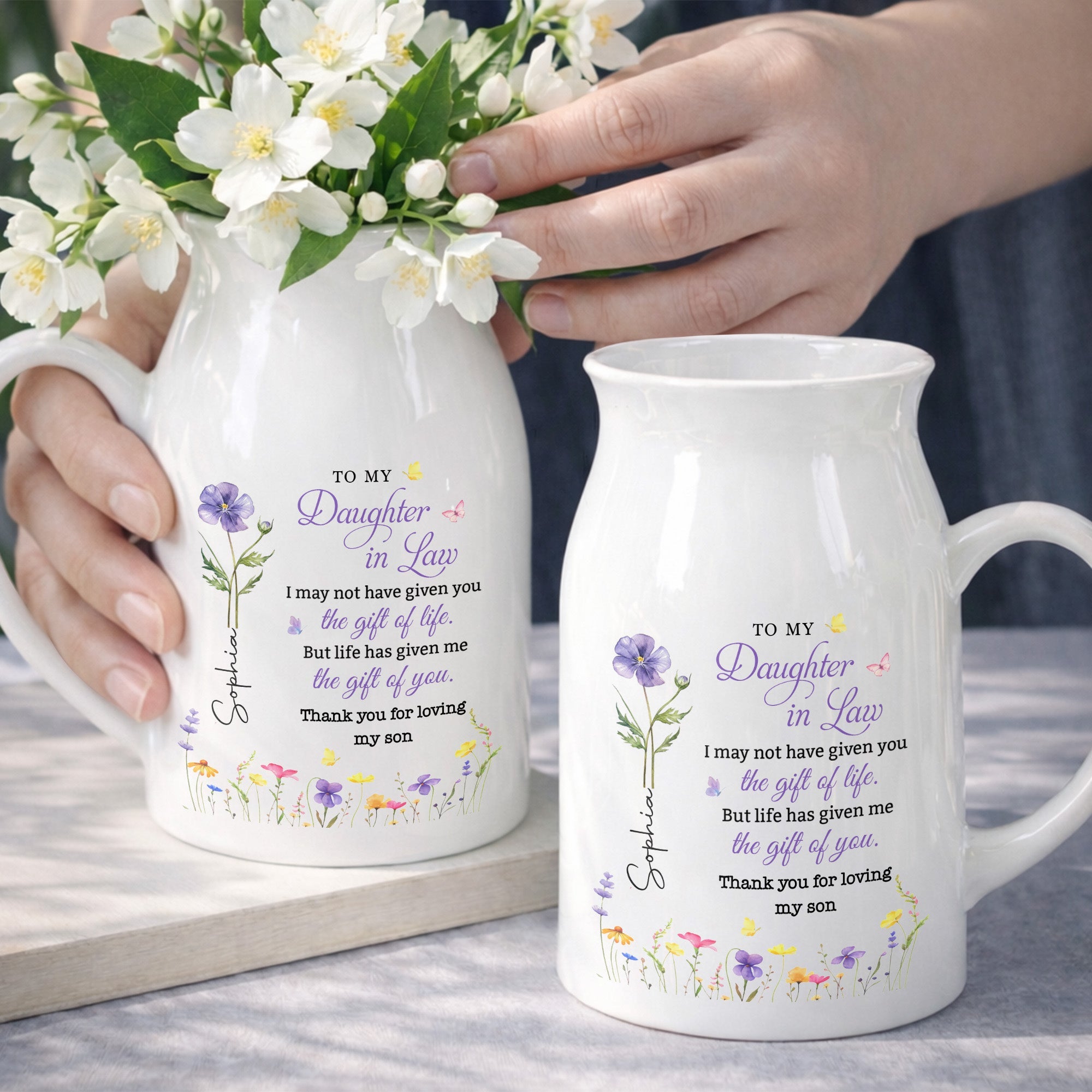 To My Daughter In Law Gift Of You Birth Month Flowers - Personalized Ceramic Flower Vase