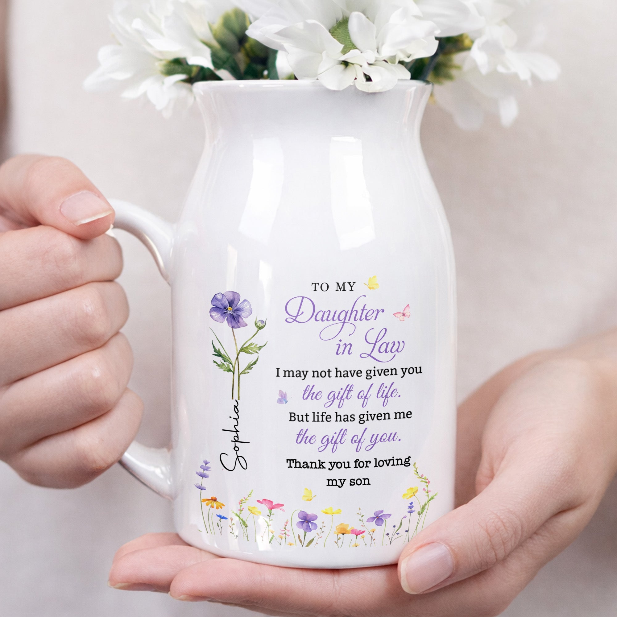 To My Daughter In Law Gift Of You Birth Month Flowers - Personalized Ceramic Flower Vase