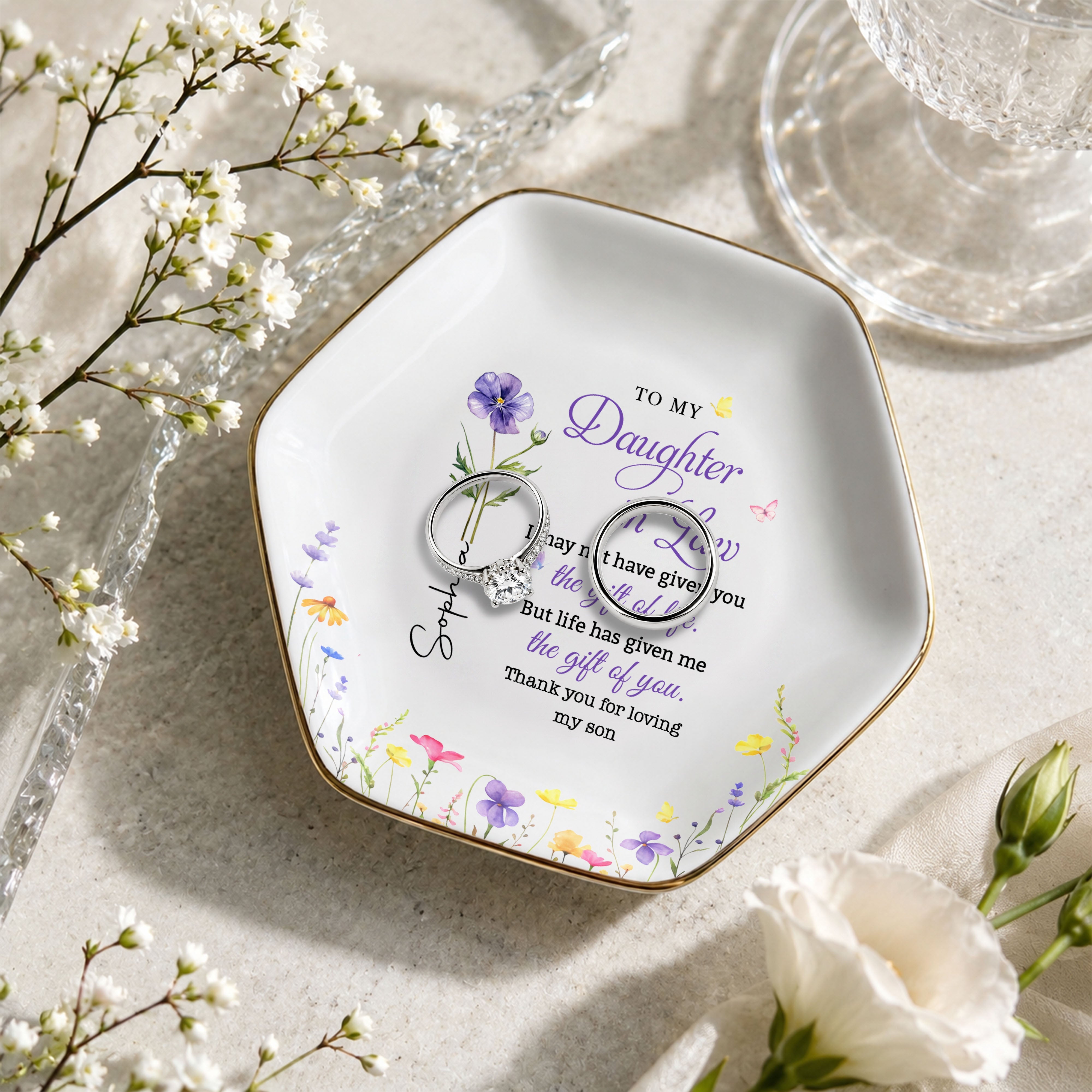 To My Daughter In Law Life Has Given Me The Gift Of You Birth Flowers - Personalized Custom Jewelry Dish, Ceramic Dish, Hexagonal Shape - DILA116_HECRD