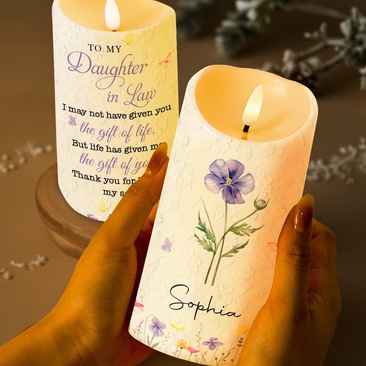 To My Daughter In Law Life Has Given Me The Gift Of You Flowers - Personalized Custom LED Candle - DILA116_LECA