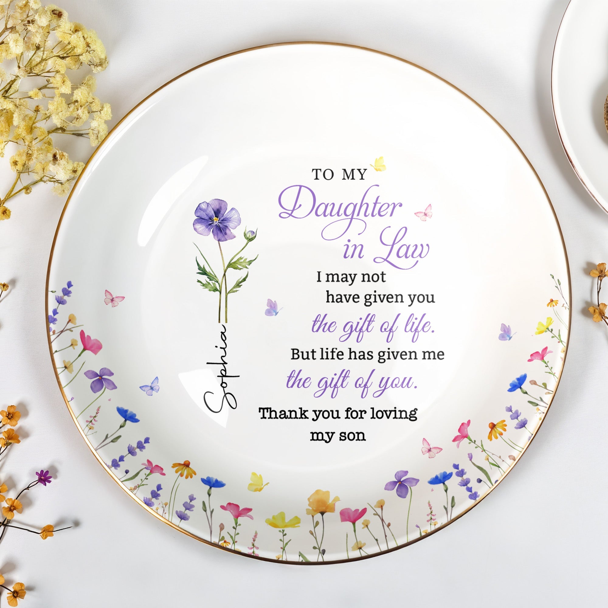To My Daughter In Law I May Not Have Given Birth Month Flower - Personalized Custom Jewelry Dish, Ceramic Dish, Round Shape - DILA116_RCRF