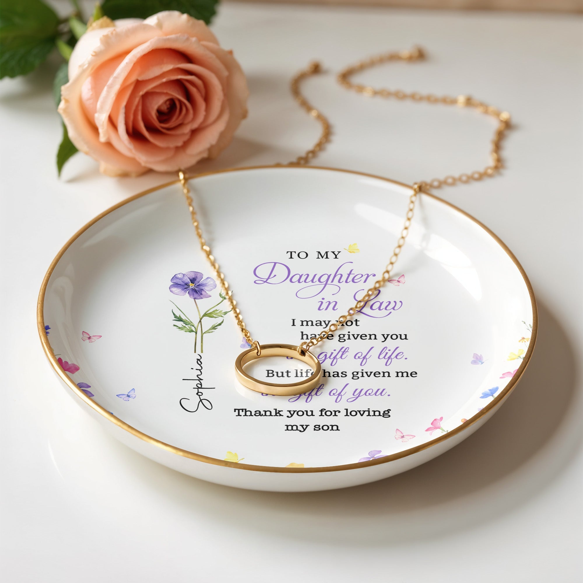 To My Daughter In Law I May Not Have Given Birth Month Flower - Personalized Custom Jewelry Dish, Ceramic Dish, Round Shape - DILA116_RCRF