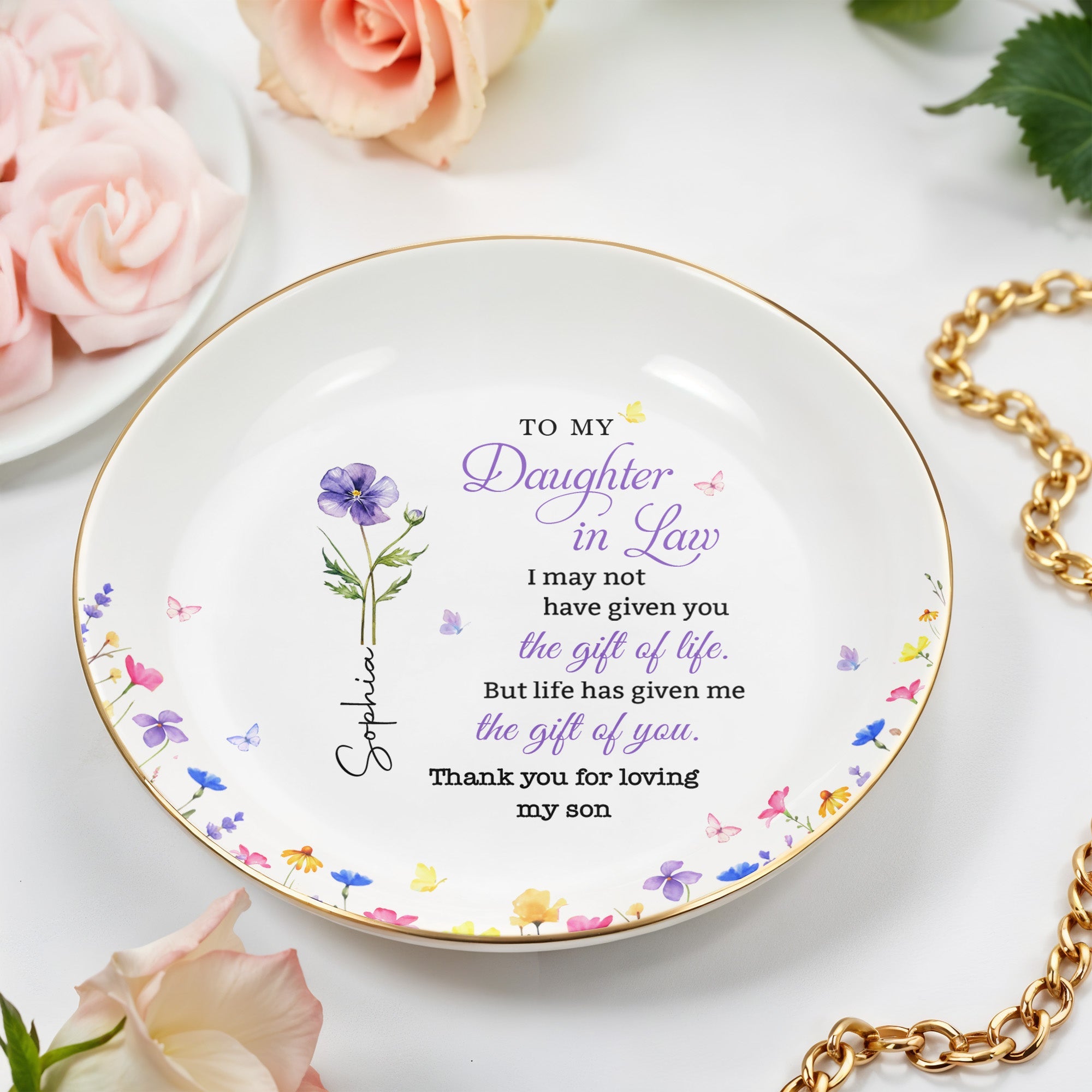 To My Daughter In Law I May Not Have Given Birth Month Flower - Personalized Custom Jewelry Dish, Ceramic Dish, Round Shape - DILA116_RCRF