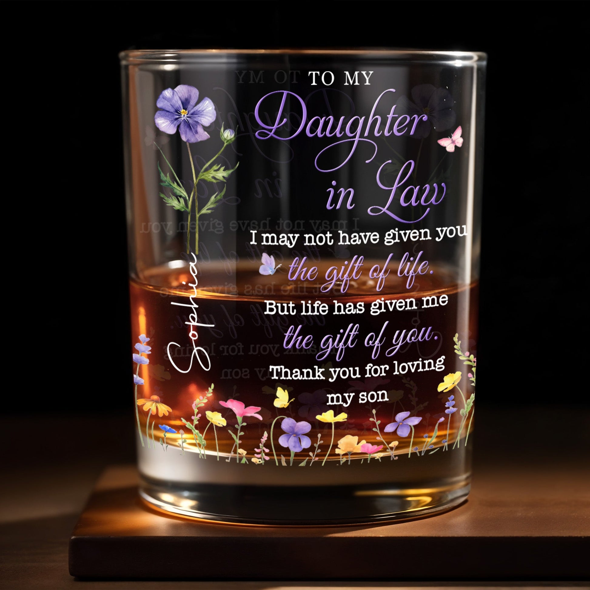 To My Daughter In Law Life Has Given Me The Gift Of You Birth Month Flowers - Personalized Custom Whiskey Glass - DILA116_RWG