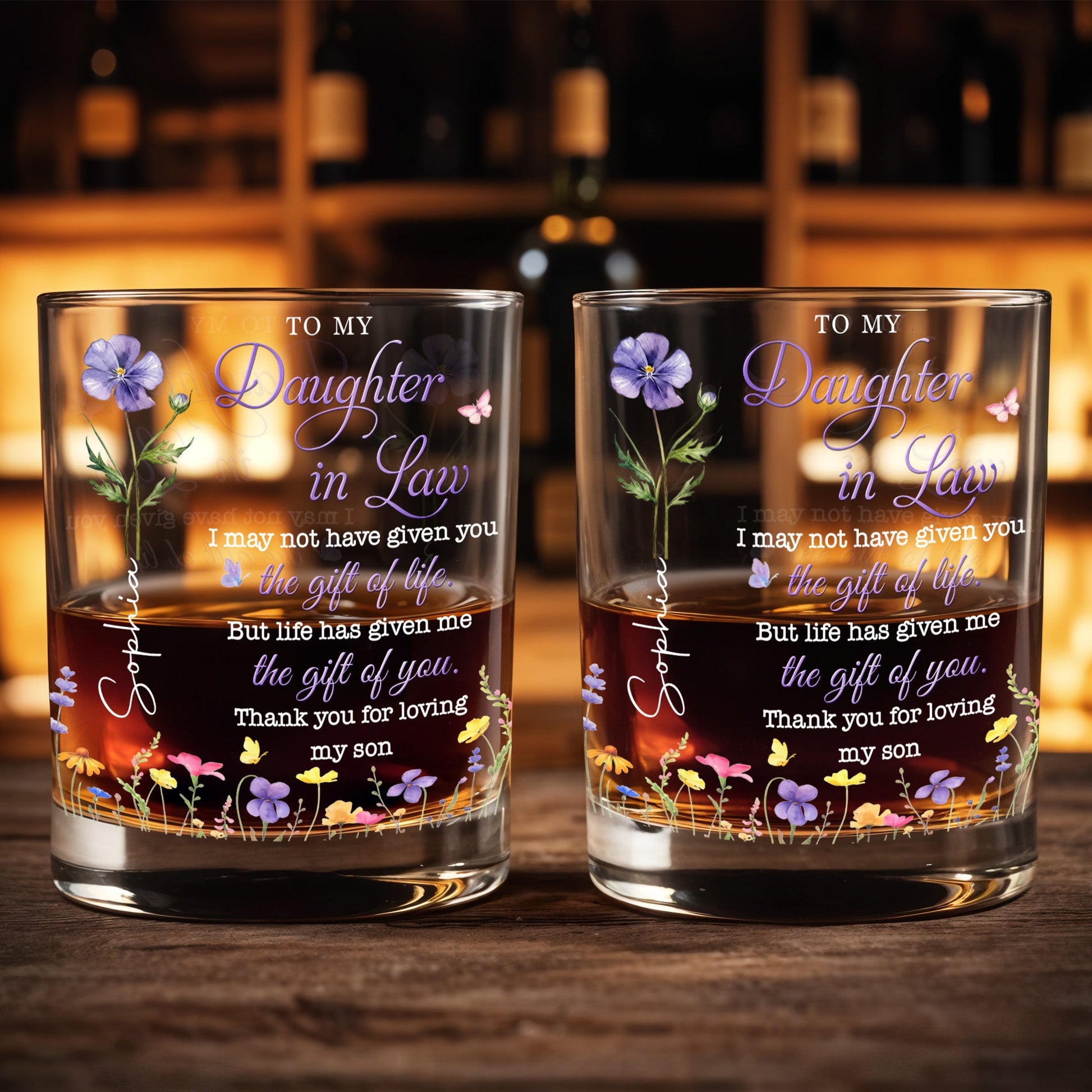 To My Daughter In Law Life Has Given Me The Gift Of You Birth Month Flowers - Personalized Custom Whiskey Glass - DILA116_RWG