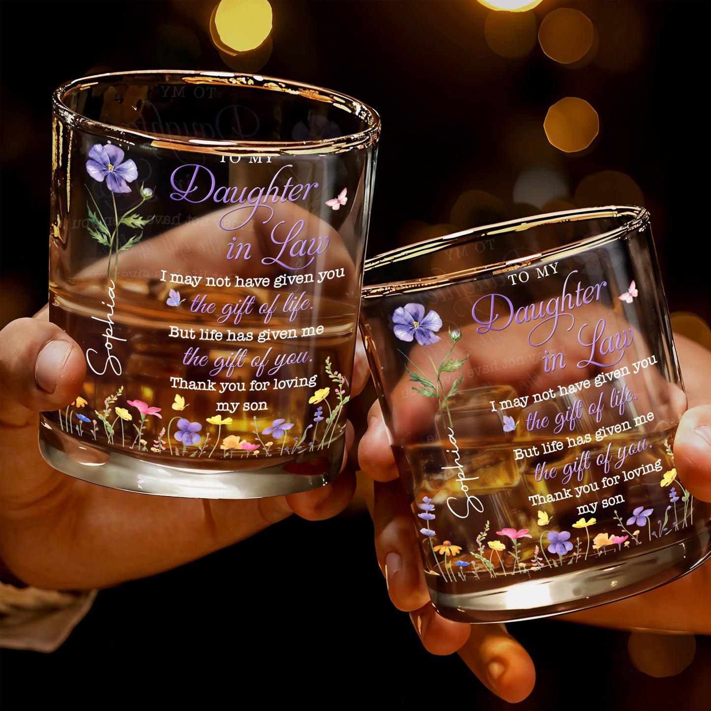 To My Daughter In Law Life Has Given Me The Gift Of You Birth Month Flowers - Personalized Custom Whiskey Glass - DILA116_RWG