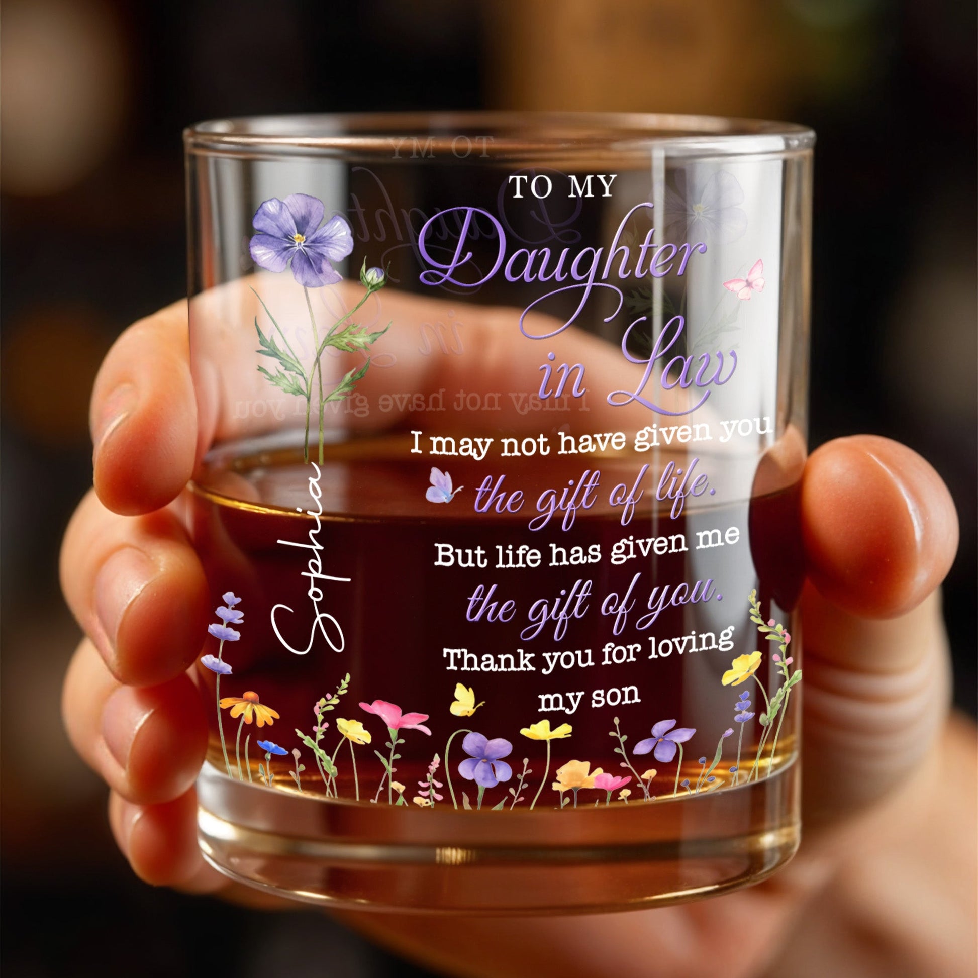 To My Daughter In Law Life Has Given Me The Gift Of You Birth Month Flowers - Personalized Custom Whiskey Glass - DILA116_RWG