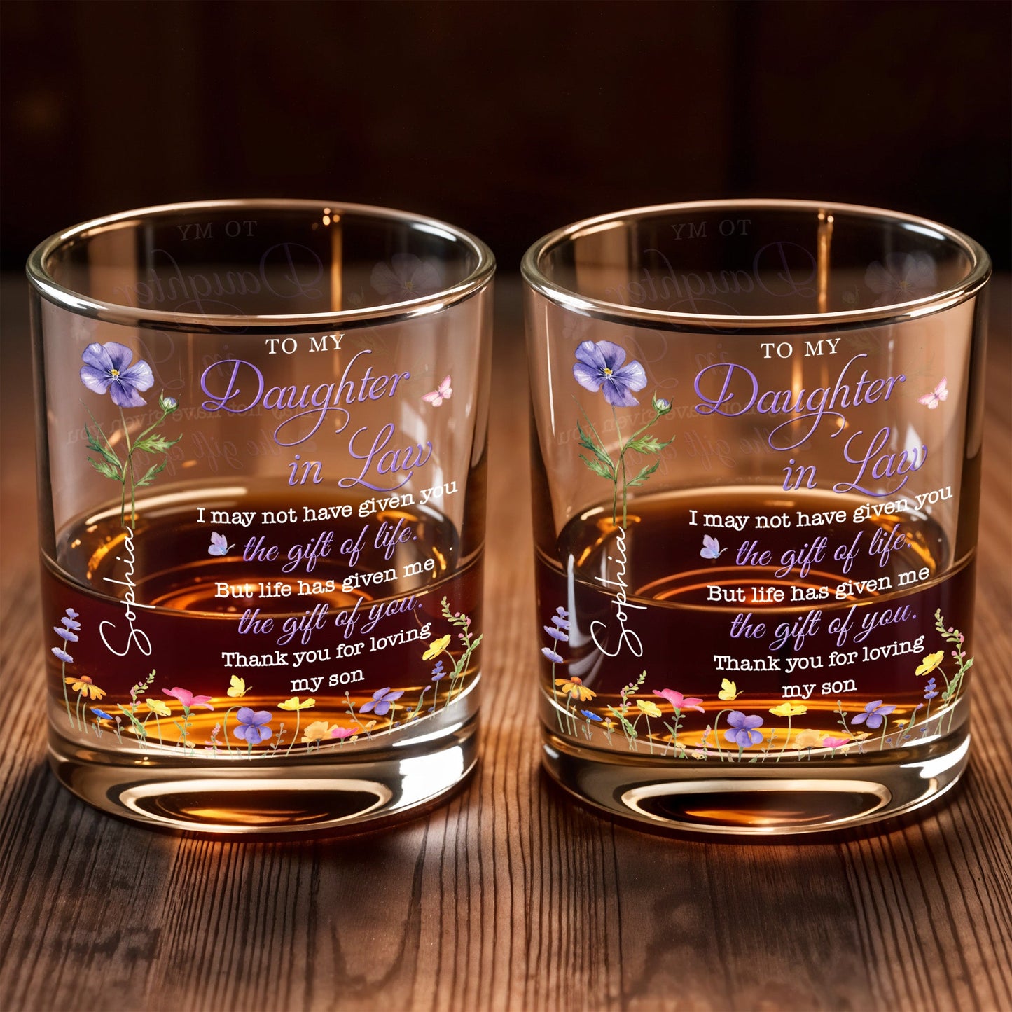 To My Daughter In Law Life Has Given Me The Gift Of You Birth Month Flowers - Personalized Custom Whiskey Glass - DILA116_RWG