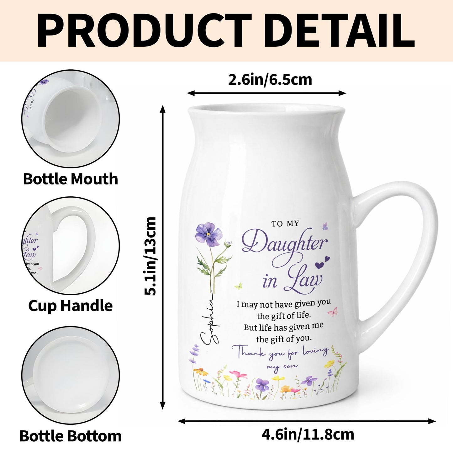 To My Daughter In Law Life Has Given Me The Gift Of You Birth Month Flower - Personalized Ceramic Flower Vase