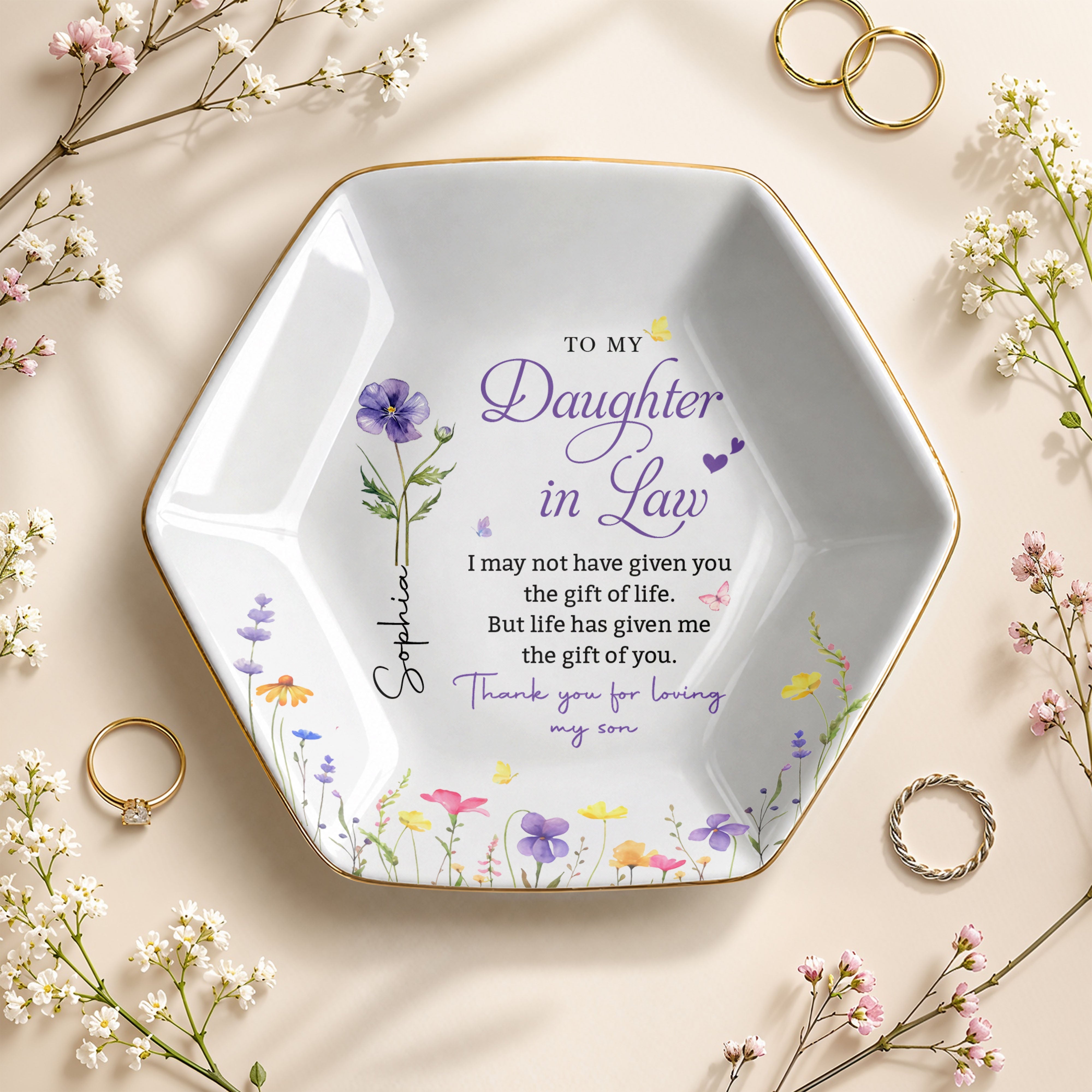 To My Daughter In Law Gift Of You Birth Month Flower - Personalized Custom Jewelry Dish, Ceramic Dish, Hexagonal Shape - DILA120_HECRD