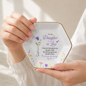 To My Daughter In Law Gift Of You Birth Month Flower - Personalized Custom Jewelry Dish, Ceramic Dish, Hexagonal Shape - DILA120_HECRD