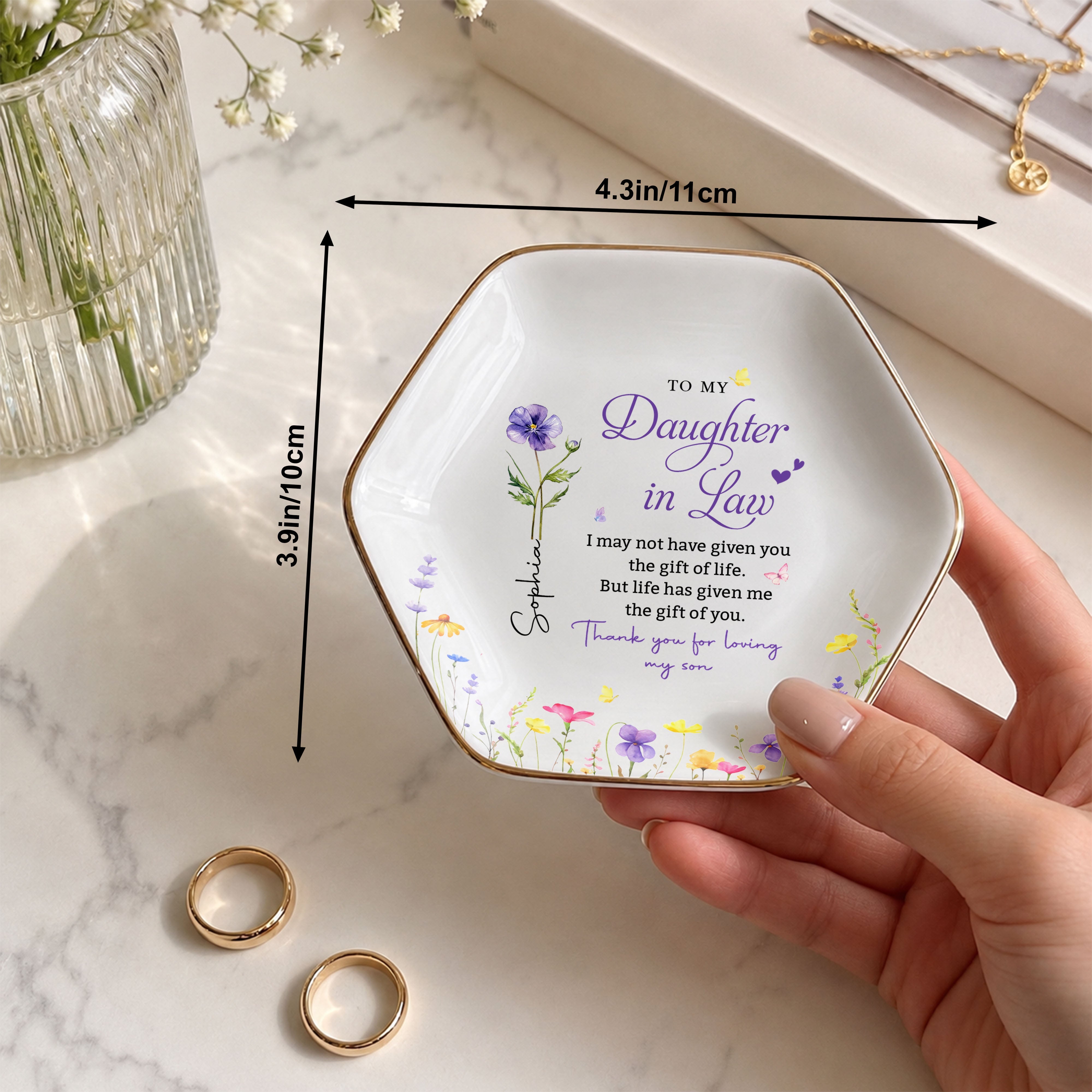 To My Daughter In Law Gift Of You Birth Month Flower - Personalized Custom Jewelry Dish, Ceramic Dish, Hexagonal Shape - DILA120_HECRD