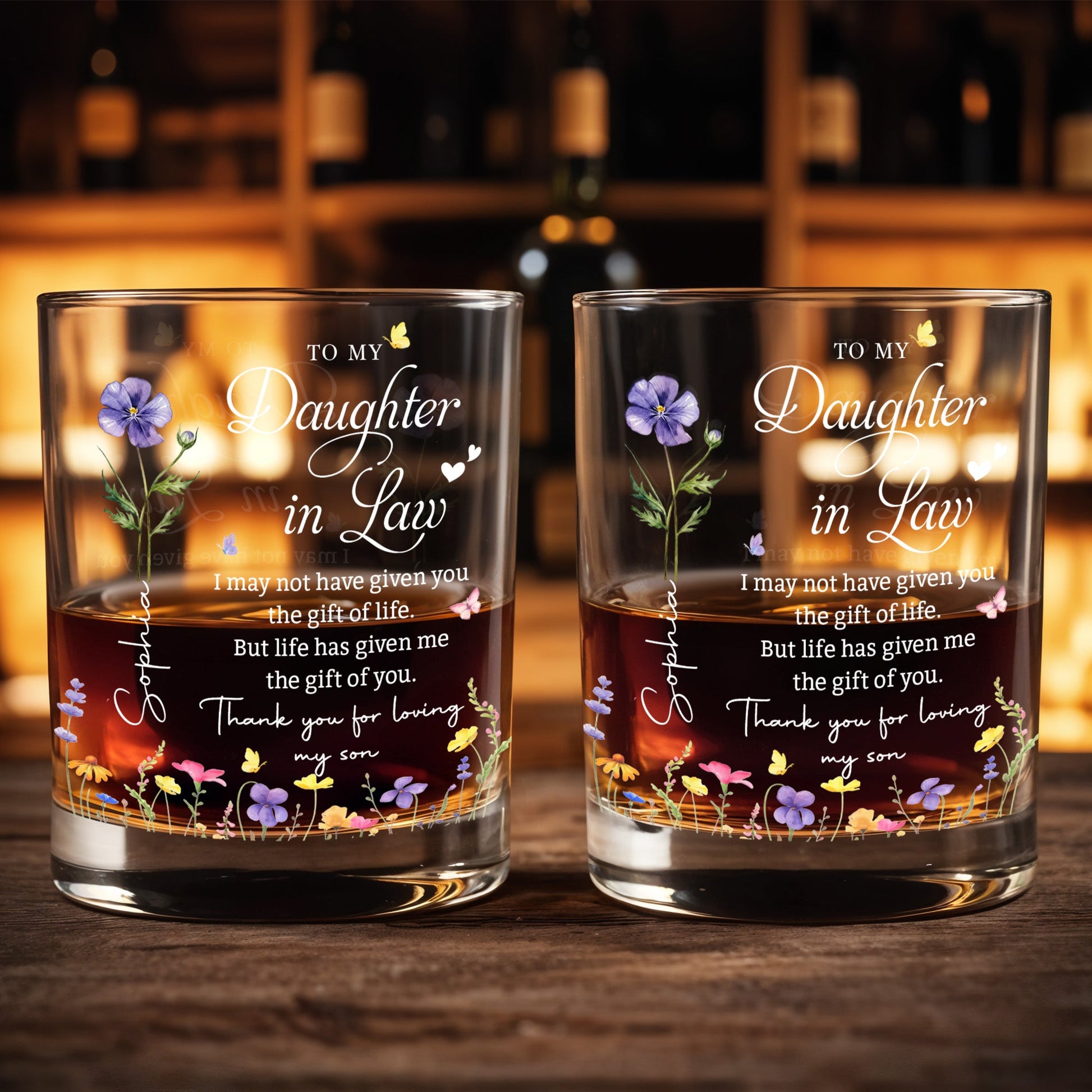 To My Daughter In Law Life Has Given Me The Gift Of You With Flowers - Personalized Custom Whiskey Glass - DILA120_RWG