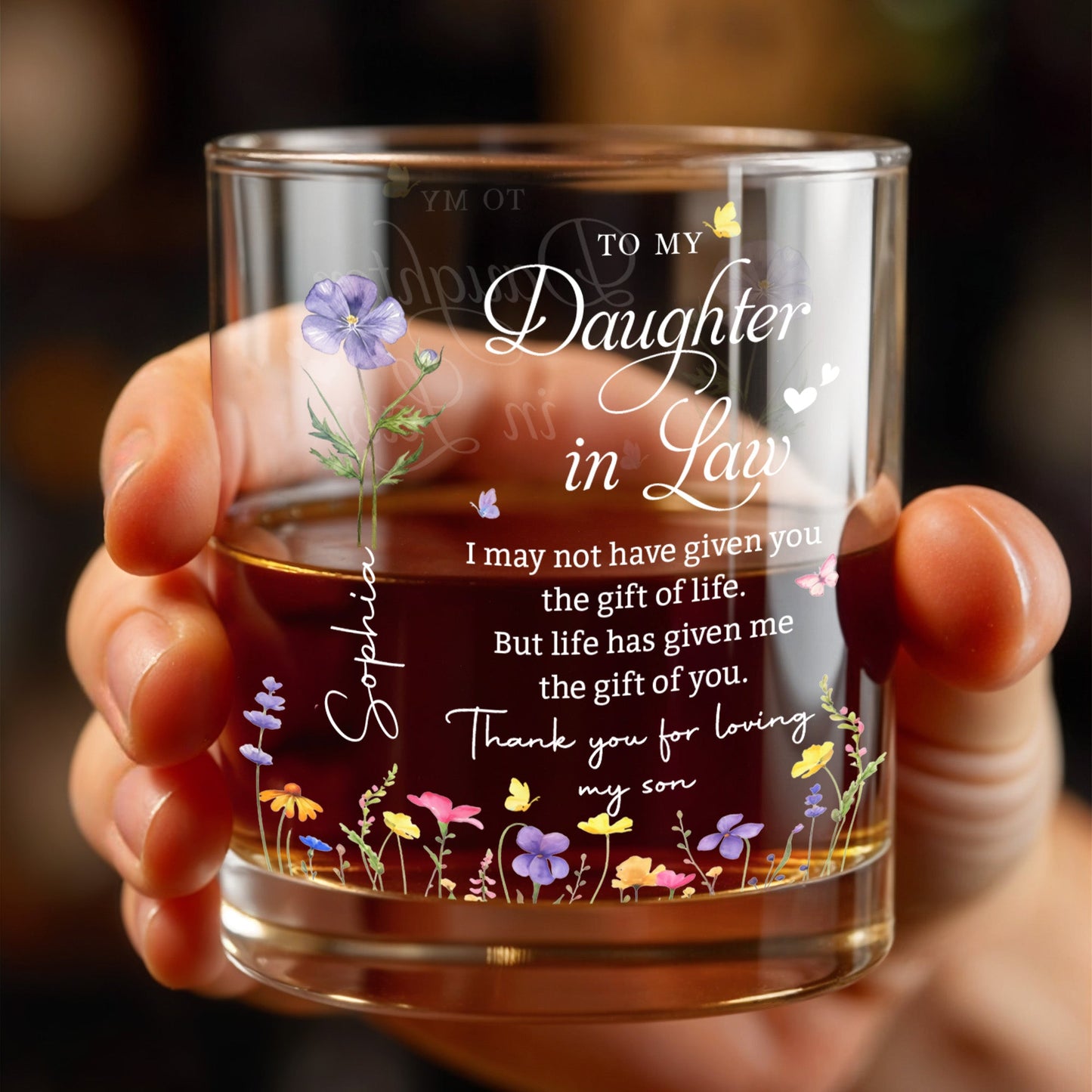 To My Daughter In Law Life Has Given Me The Gift Of You With Flowers - Personalized Custom Whiskey Glass - DILA120_RWG