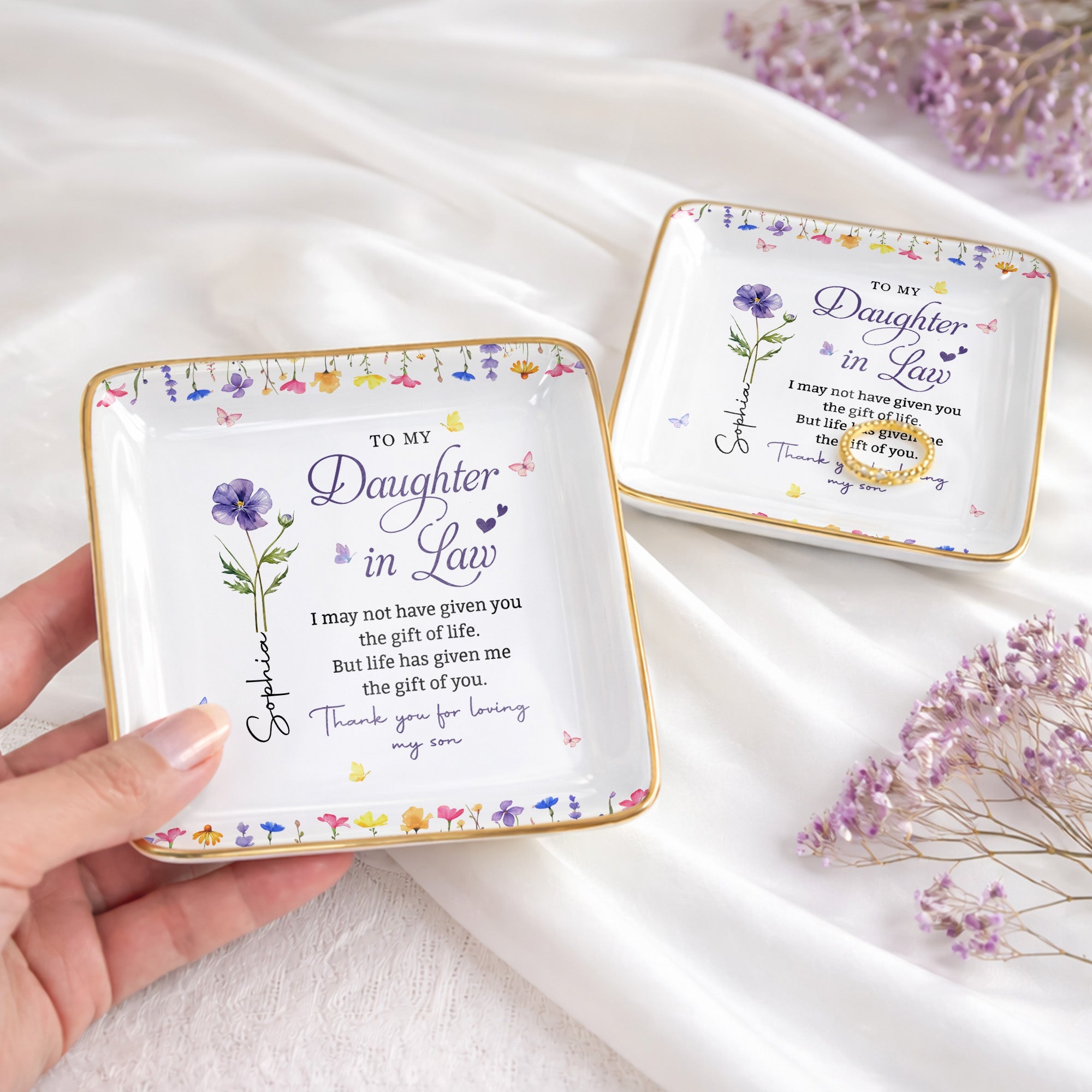 To My Daughter In Law Life Has Given Me The Gift Of You Flowers - Personalized Custom Jewelry Dish, Ceramic Dish, Square Shape - DILA120_SCRF