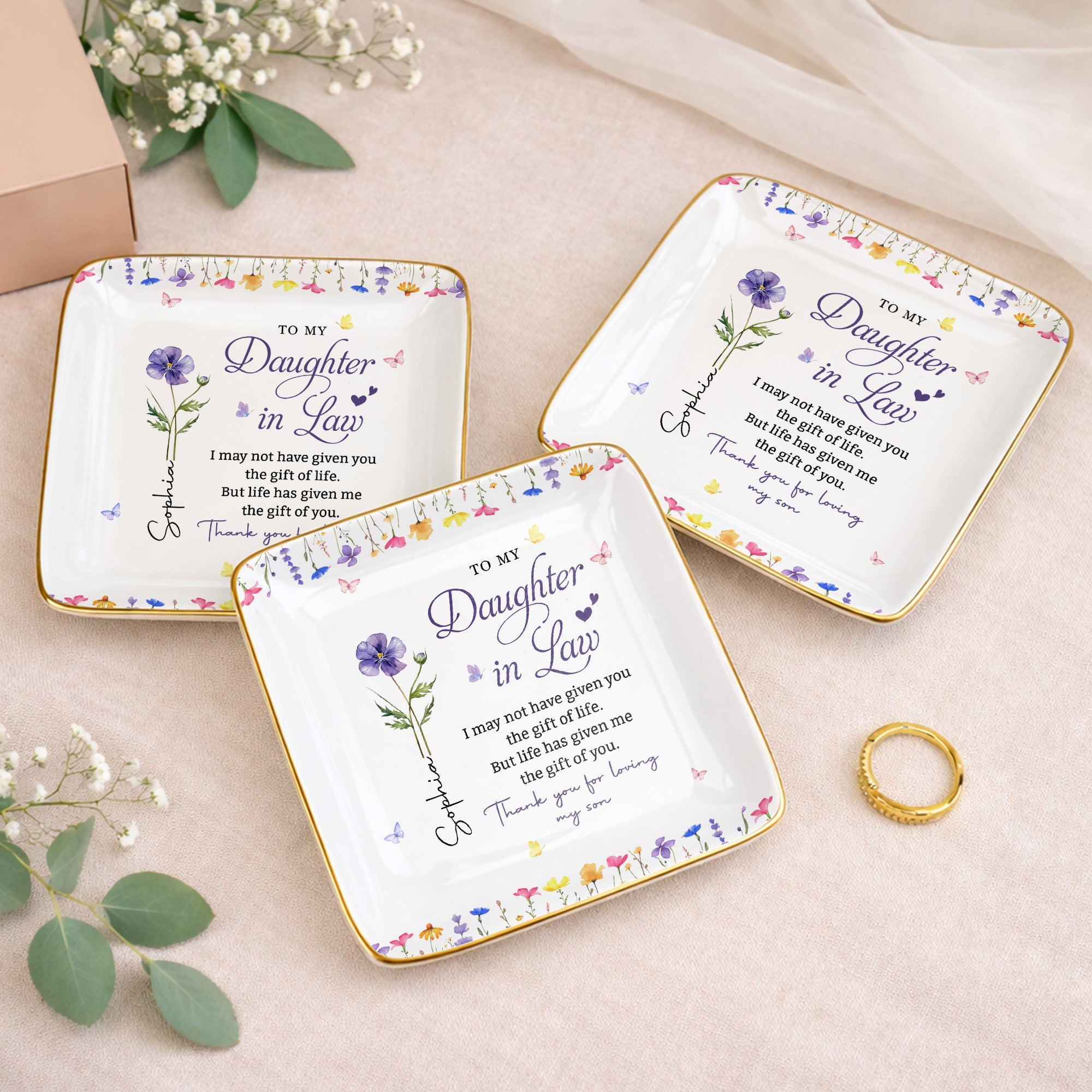 To My Daughter In Law Life Has Given Me The Gift Of You Flowers - Personalized Custom Jewelry Dish, Ceramic Dish, Square Shape - DILA120_SCRF