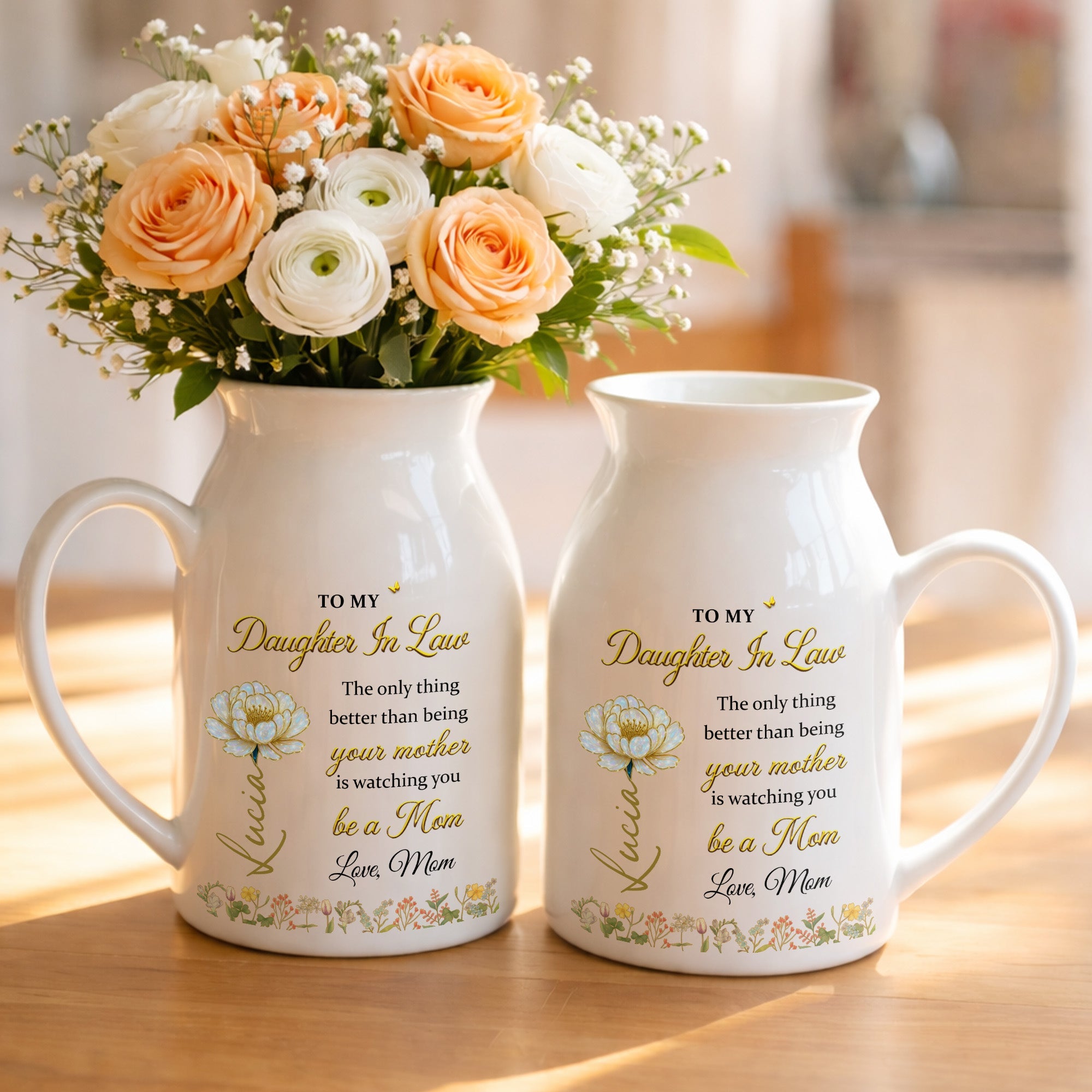 To My Daughter In Law Being Your Mother Watching You Be A Mom Birth Month Flowers - Personalized Ceramic Flower Vase