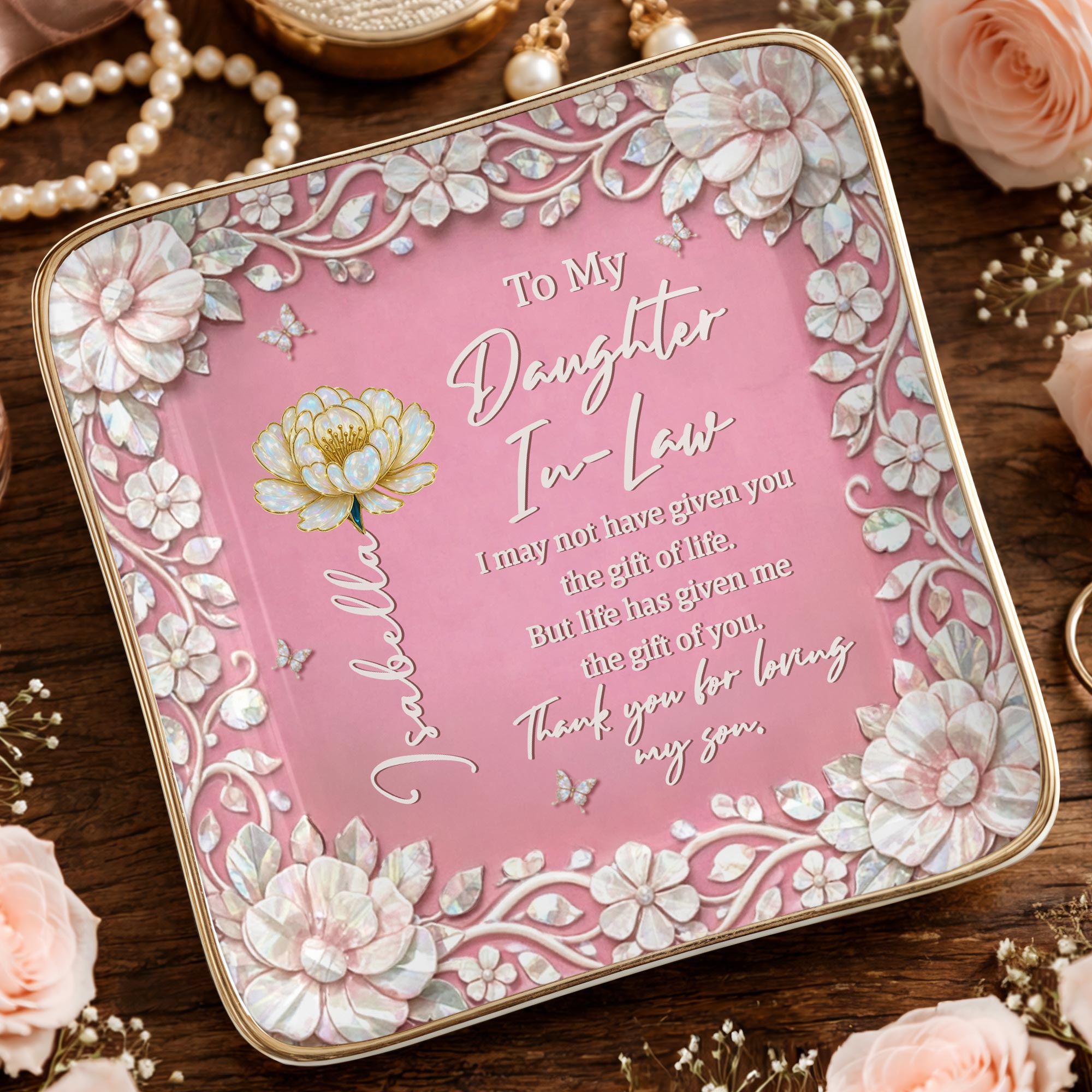 To My Daughter In Law Gift Of Life Birth Month Flowers - Personalized Custom Jewelry Dish, Ceramic Dish, Square Shape - DILA122_SCRF