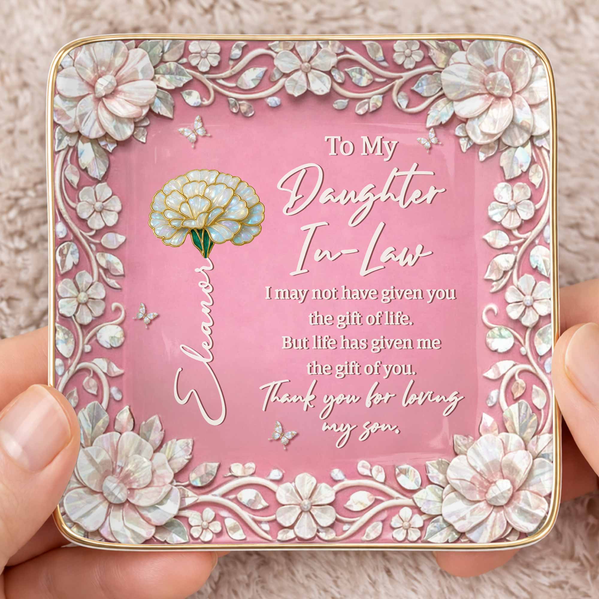 To My Daughter In Law Gift Of Life Birth Month Flowers - Personalized Custom Jewelry Dish, Ceramic Dish, Square Shape - DILA122_SCRF