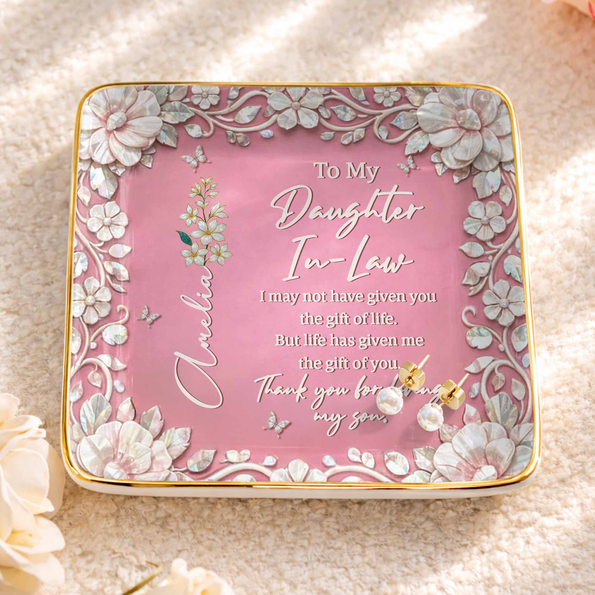 To My Daughter In Law Gift Of Life Birth Month Flowers - Personalized Custom Jewelry Dish, Ceramic Dish, Square Shape - DILA122_SCRF