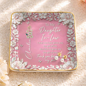 To My Daughter In Law Gift Of Life Birth Month Flowers - Personalized Custom Jewelry Dish, Ceramic Dish, Square Shape - DILA122_SCRF