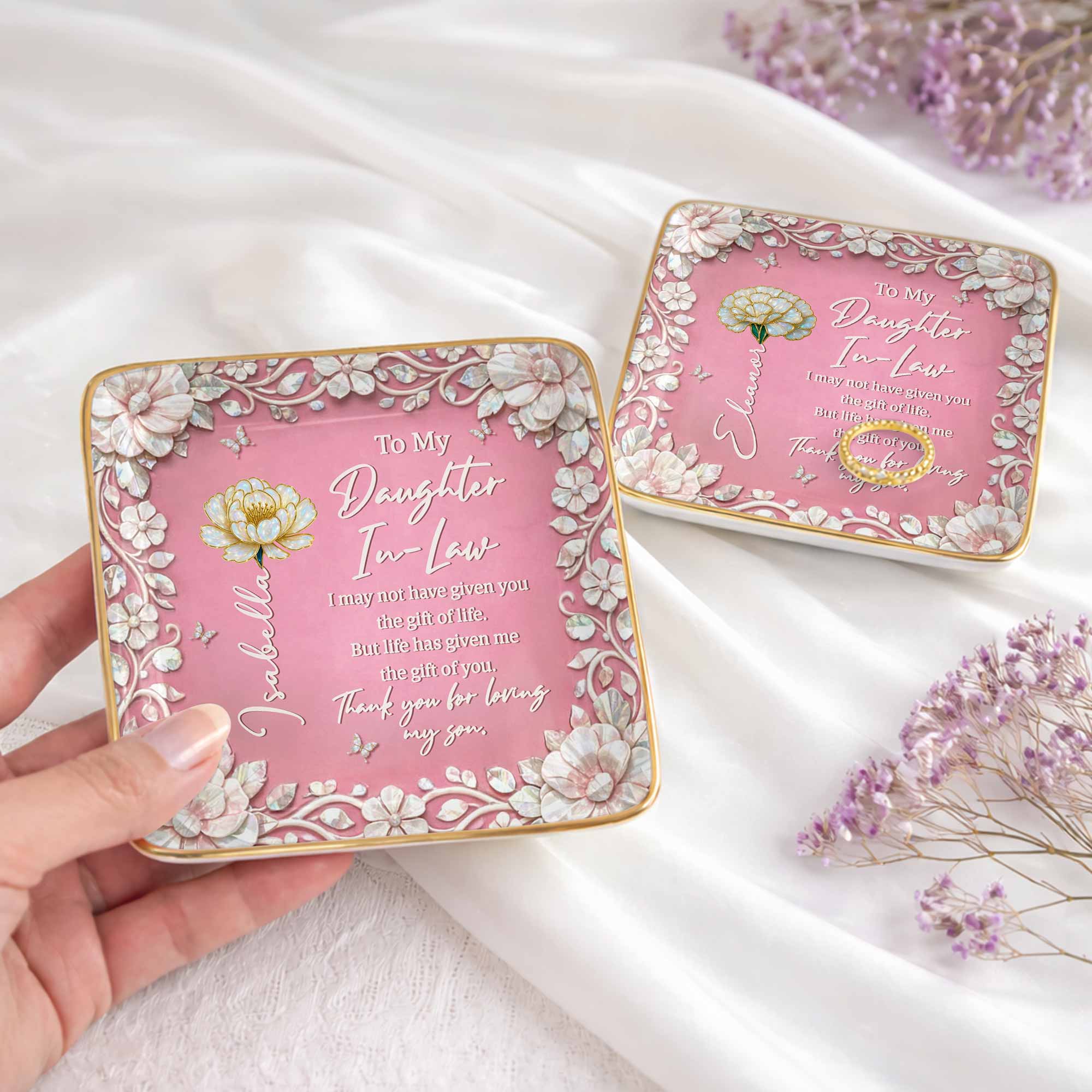To My Daughter In Law Gift Of Life Birth Month Flowers - Personalized Custom Jewelry Dish, Ceramic Dish, Square Shape - DILA122_SCRF