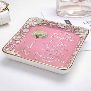 To My Daughter In Law Gift Of Life Birth Month Flowers - Personalized Custom Jewelry Dish, Ceramic Dish, Square Shape - DILA122_SCRF