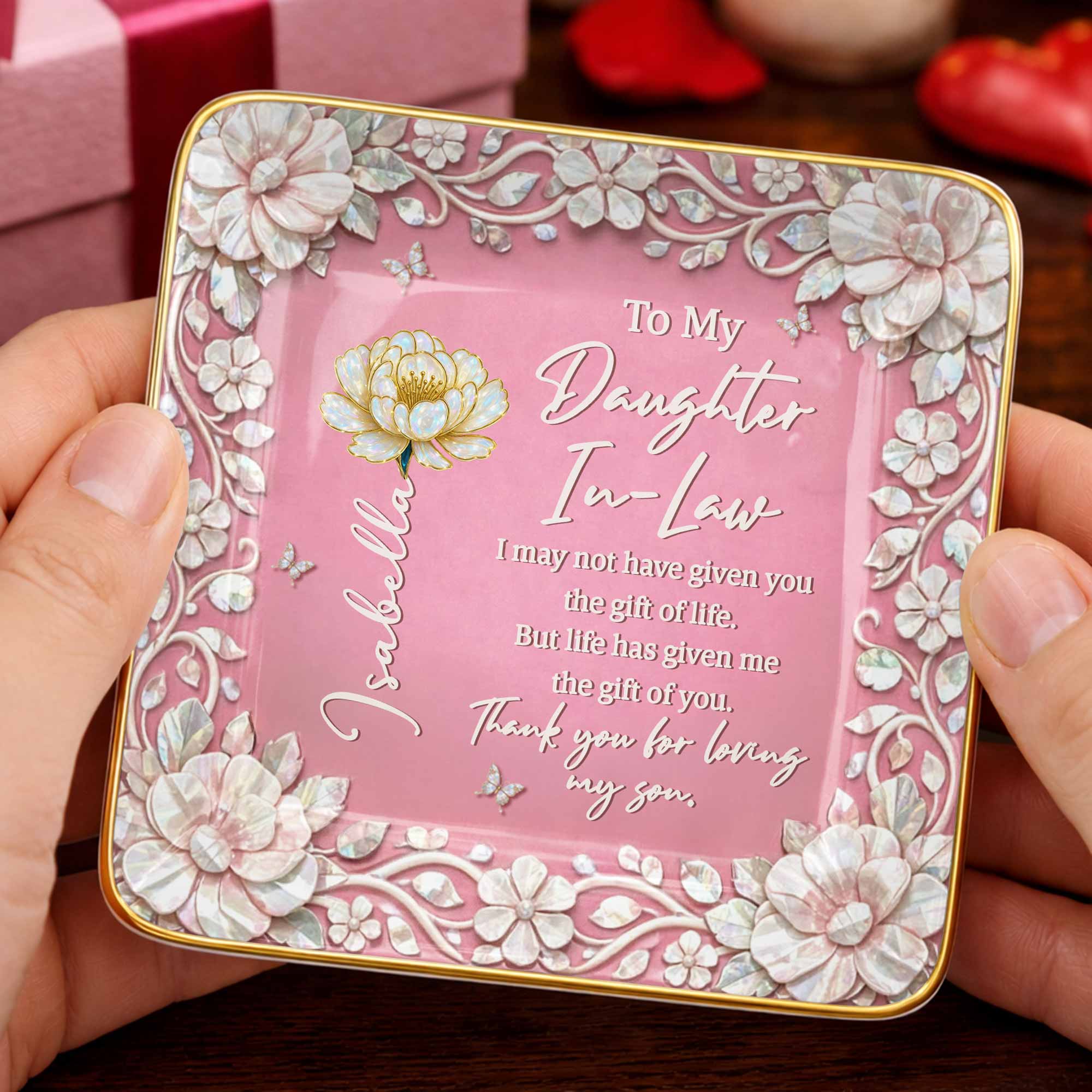 To My Daughter In Law Gift Of Life Birth Month Flowers - Personalized Custom Jewelry Dish, Ceramic Dish, Square Shape - DILA122_SCRF