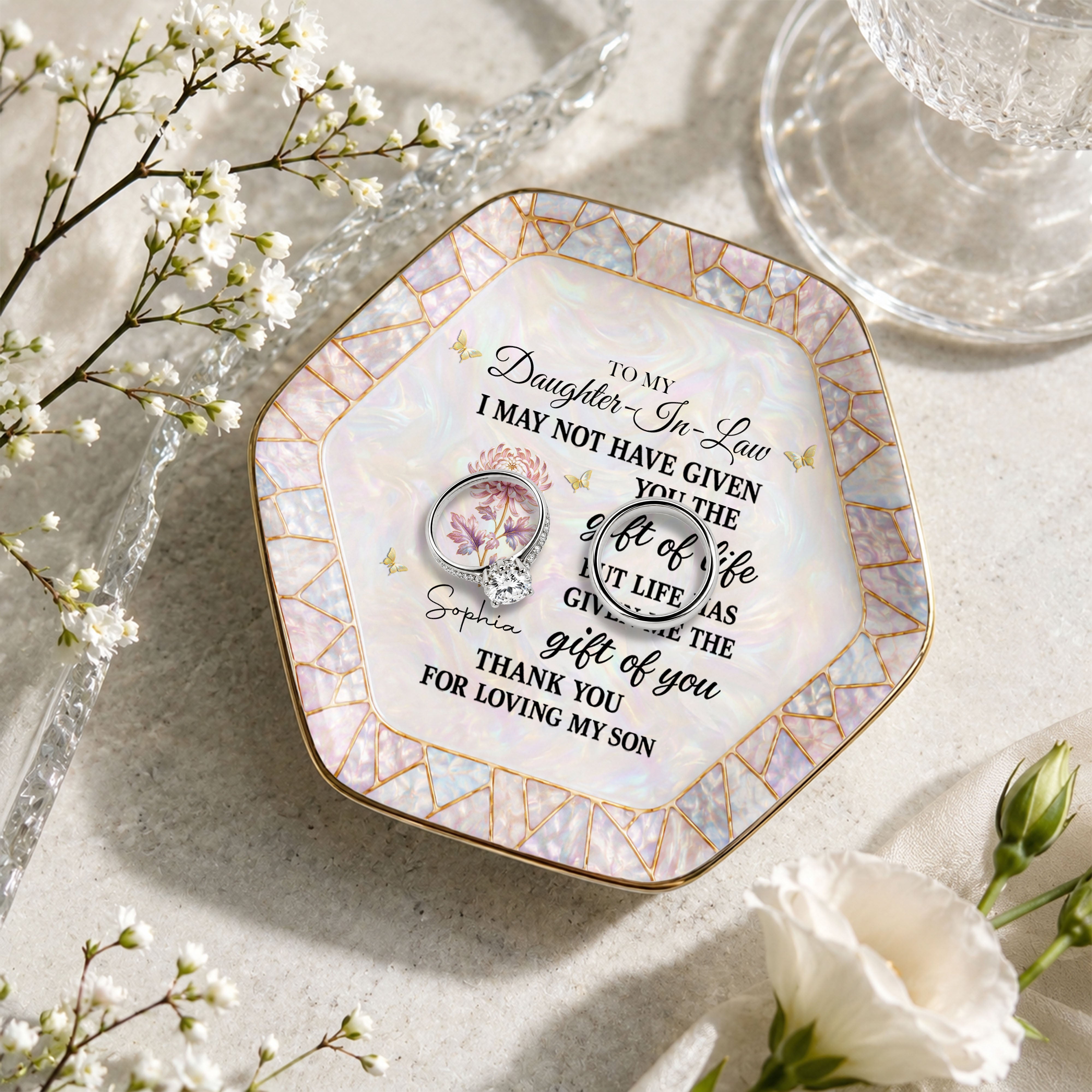 To My Daughter In Law I May Not Have Given Birth Month Flower Butterfly - Personalized Custom Jewelry Dish, Ceramic Dish, Hexagonal Shape - DILA123_HECRD