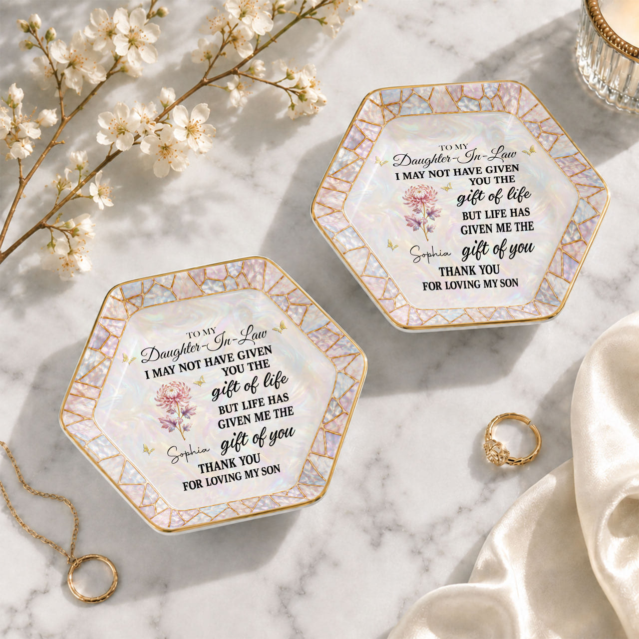 To My Daughter In Law I May Not Have Given Birth Month Flower Butterfly - Personalized Custom Jewelry Dish, Ceramic Dish, Hexagonal Shape - DILA123_HECRD