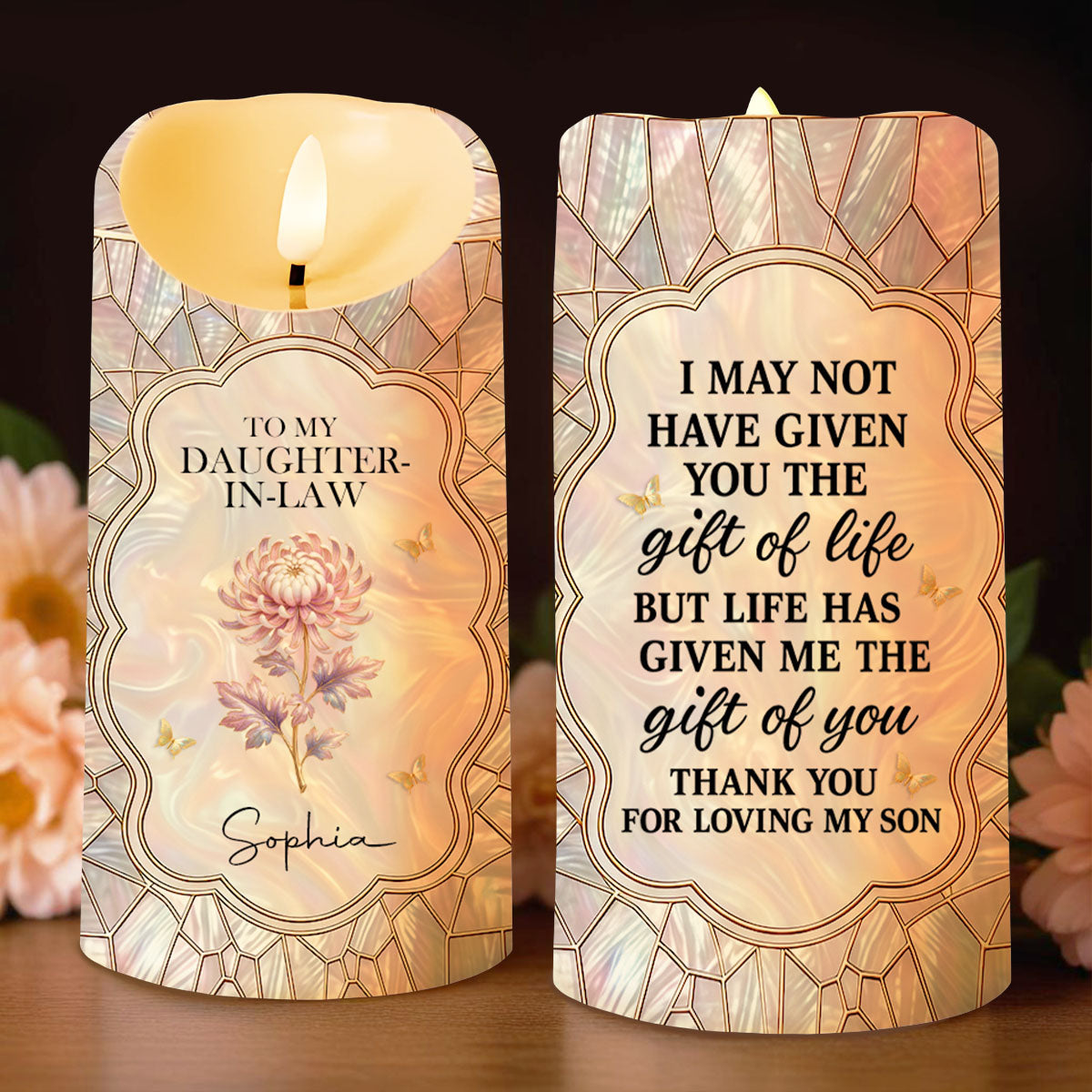 To My Daughter In Law Gift Of You Flower Butterfly - Personalized Custom LED Candle - DILA123_LECA