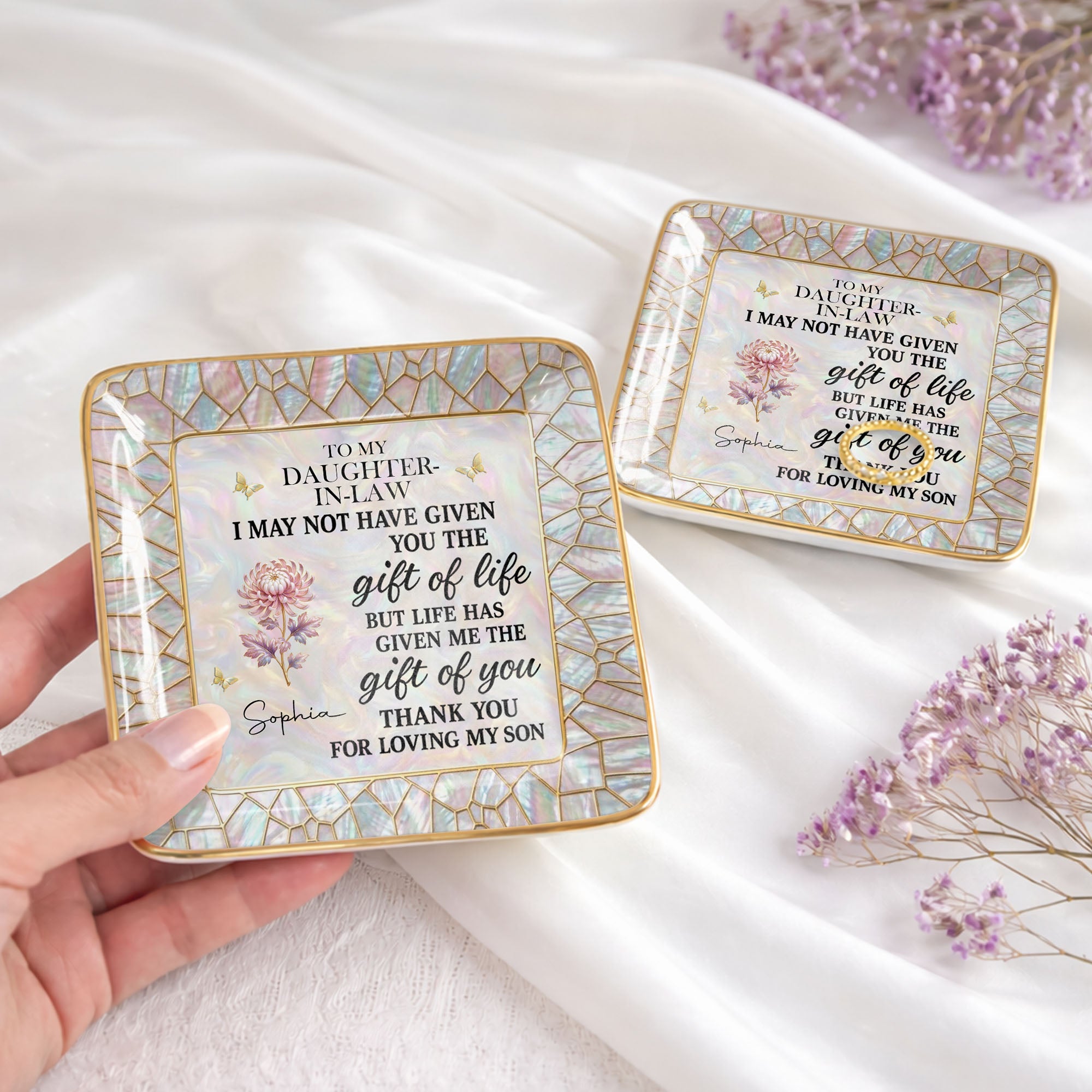 To My Daughter In Law I May Not Have Given You Flower Butterfly - Personalized Custom Jewelry Dish, Ceramic Dish, Square Shape - DILA123_SCRF