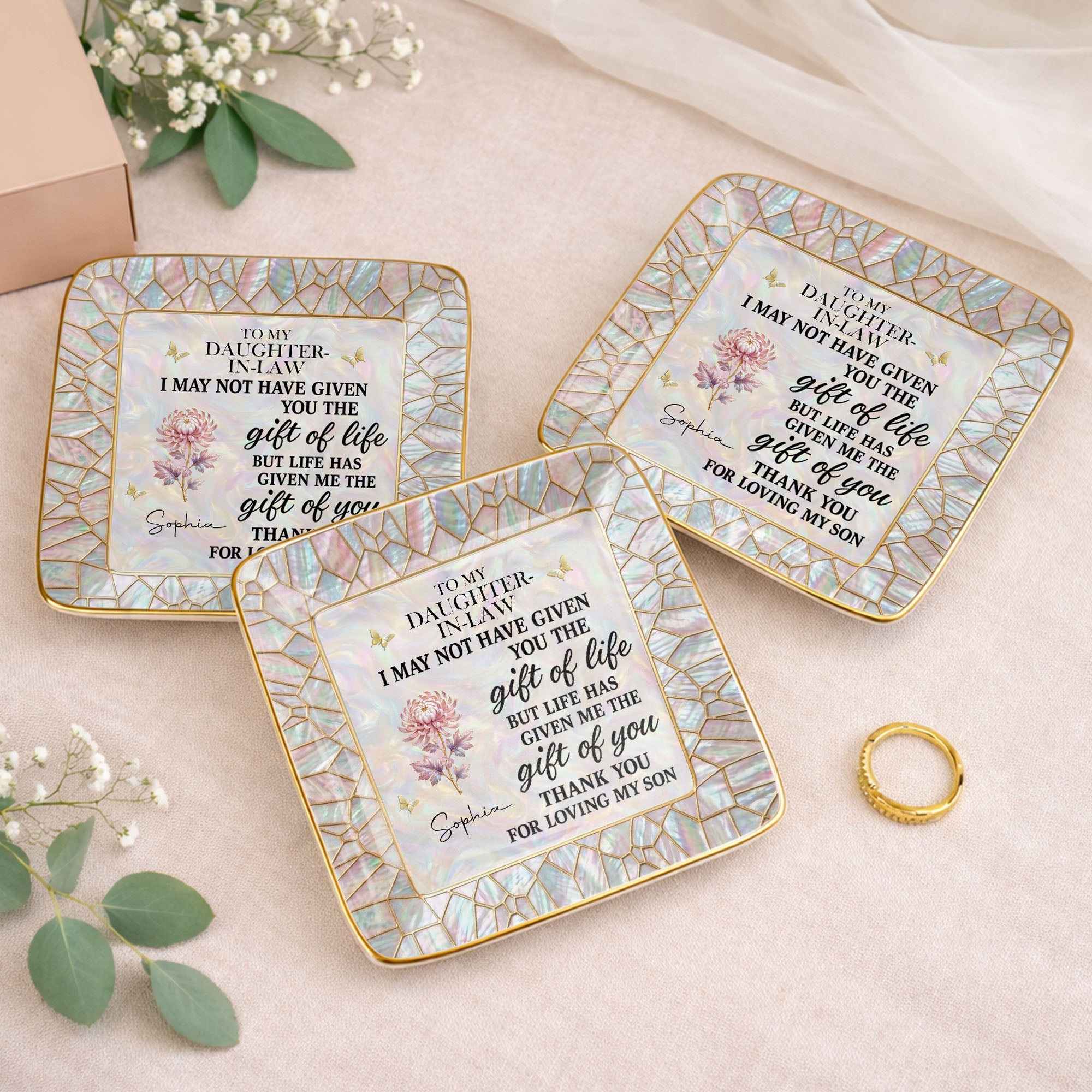 To My Daughter In Law I May Not Have Given You Flower Butterfly - Personalized Custom Jewelry Dish, Ceramic Dish, Square Shape - DILA123_SCRF
