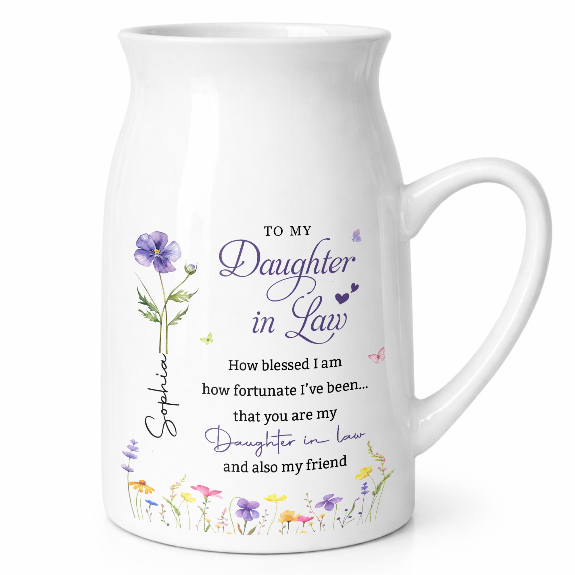 To My Daughter In Law Blessed And Fortunate Birth Month Flowers - Personalized Ceramic Flower Vase