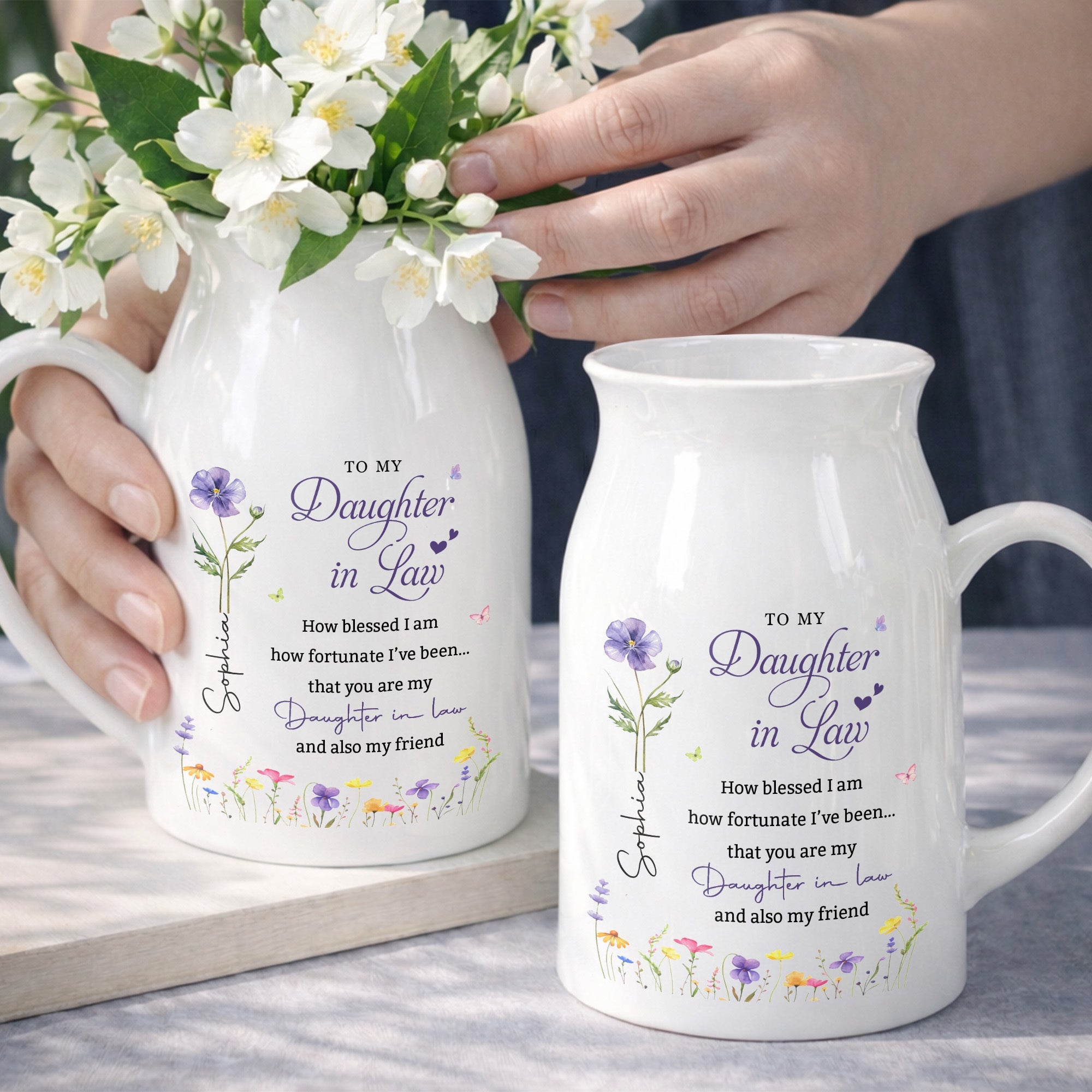 To My Daughter In Law Blessed And Fortunate Birth Month Flowers - Personalized Ceramic Flower Vase