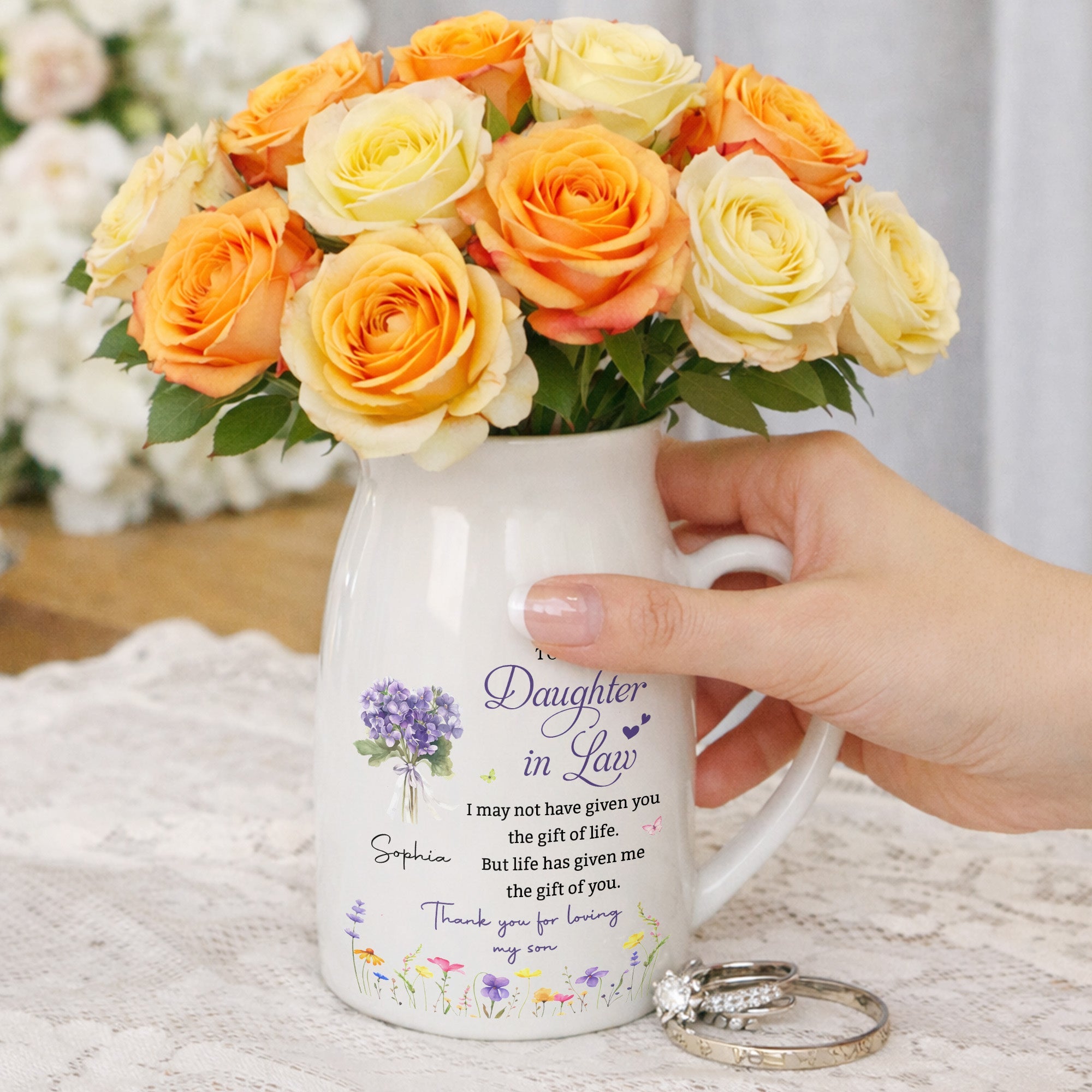 To My Daughter In Law Life Has Given Me The Gift Of You Flowers - Personalized Ceramic Flower Vase
