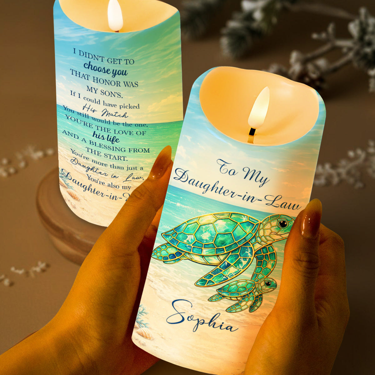 To My Daughter In Law Sea Turtle Stained Glass Effect - Personalized Custom LED Candle - DILA148_LECA