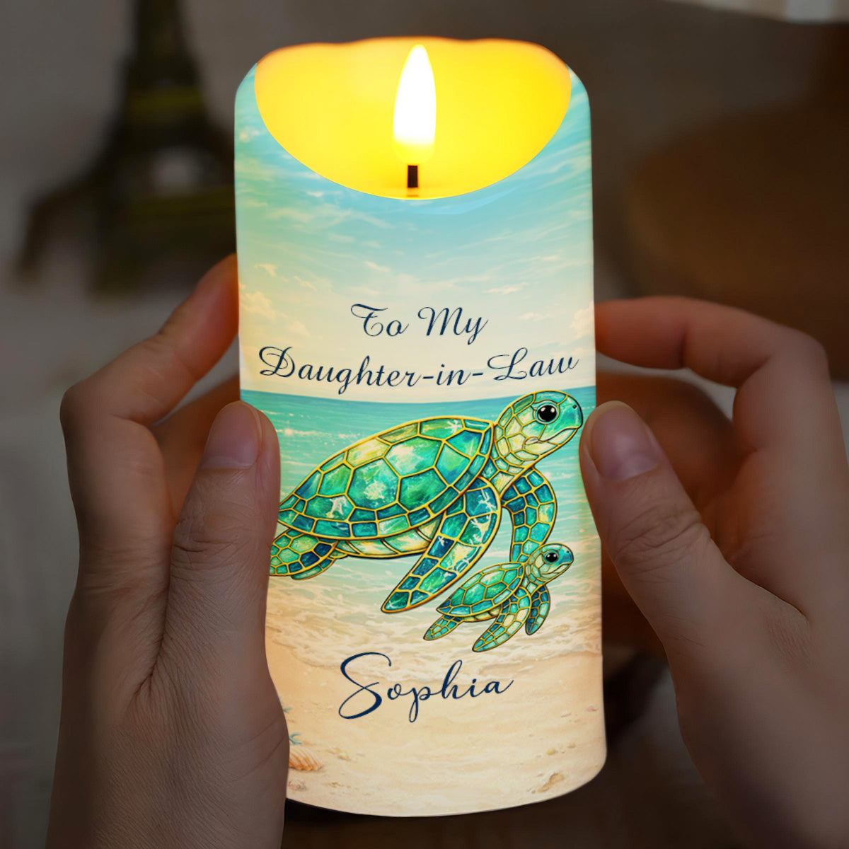 To My Daughter In Law Sea Turtle Stained Glass Effect - Personalized Custom LED Candle - DILA148_LECA