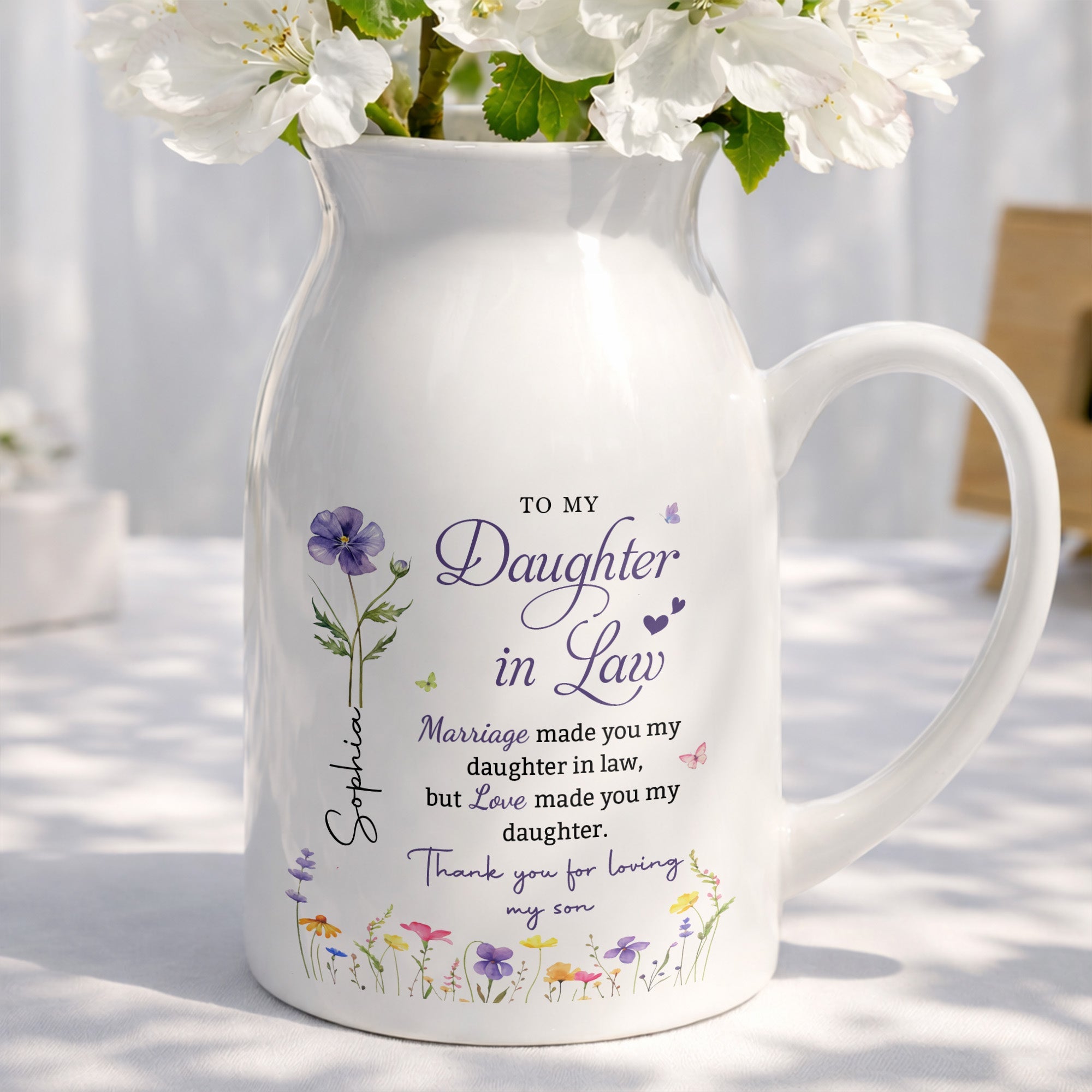To My Daughter In Law Love Made You My Daughter Birth Month Flowers - Personalized Ceramic Flower Vase