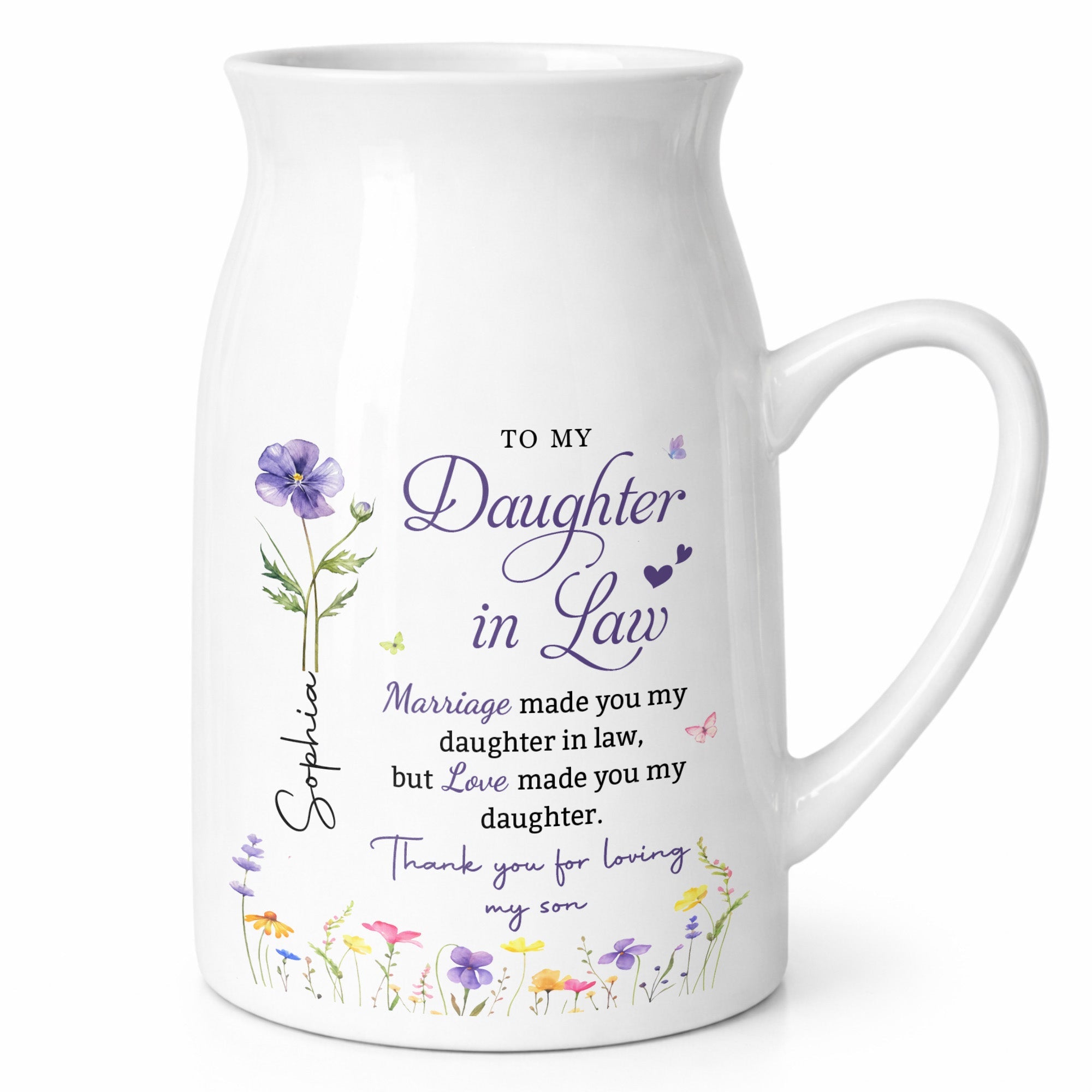 To My Daughter In Law Love Made You My Daughter Birth Month Flowers - Personalized Ceramic Flower Vase