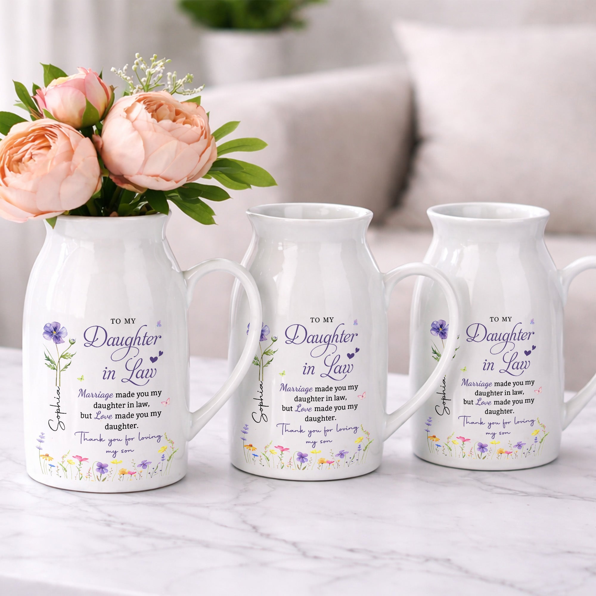 To My Daughter In Law Love Made You My Daughter Birth Month Flowers - Personalized Ceramic Flower Vase